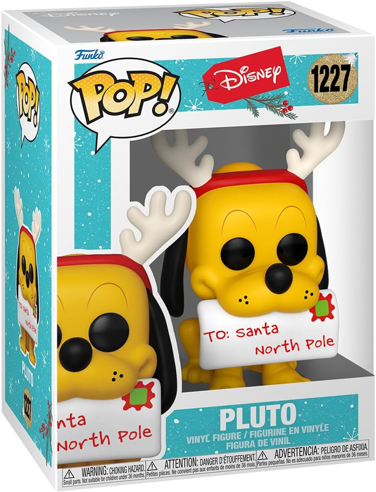 Una figura Funko Pop! di Pluto in una scatola. Pluto indossa una fascia rossa e tiene un cartello con scritto "A: Santa Polo Nord".