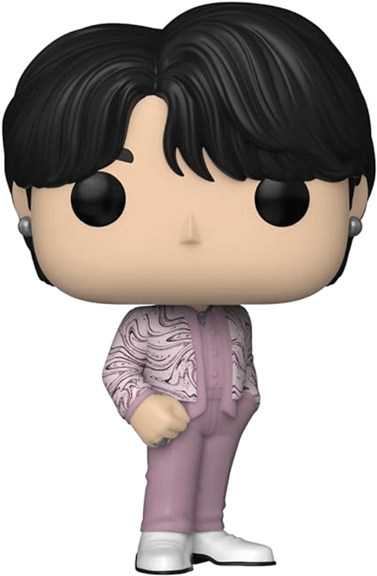 Figura Funko Pop di un uomo. Indossa un abito rosa e ha i capelli scuri.