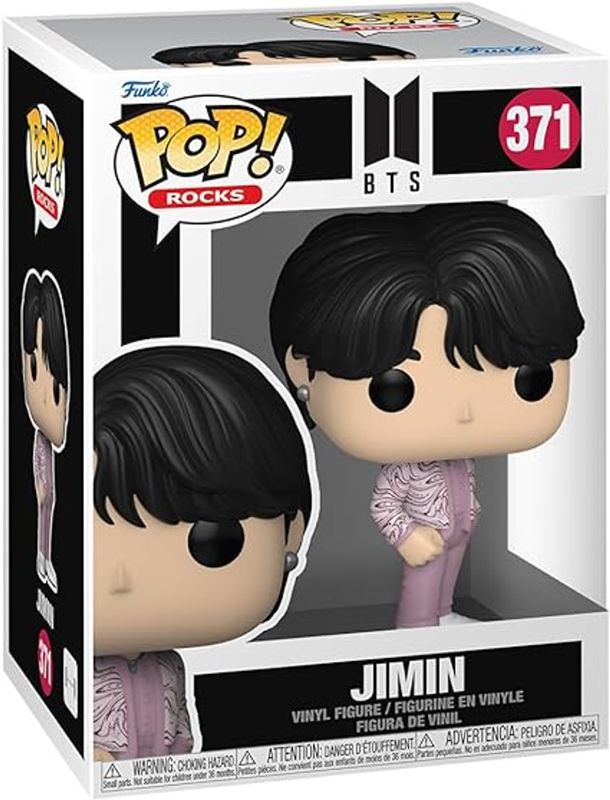 Una figura Funko Pop di Jimin dei BTS, in una scatola con immagini del personaggio.