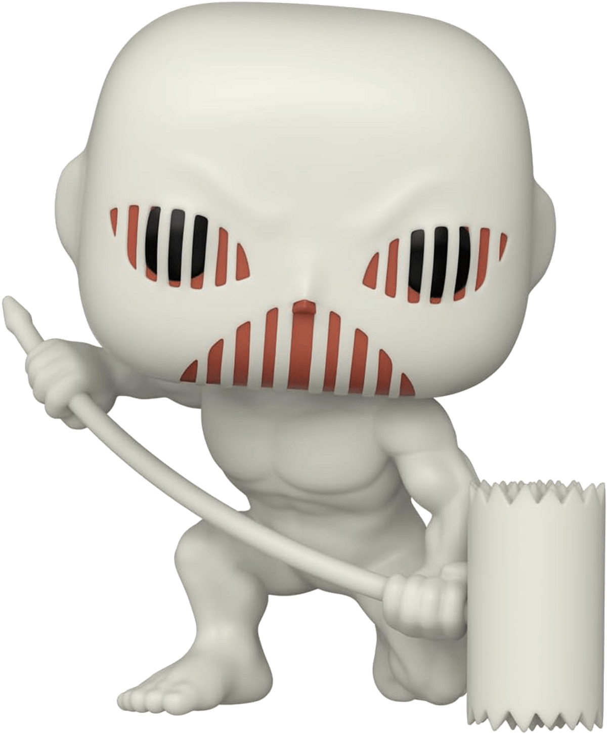 Funko Pop Figur eines weißen, muskulösen Titans, der einen Hammer hält.