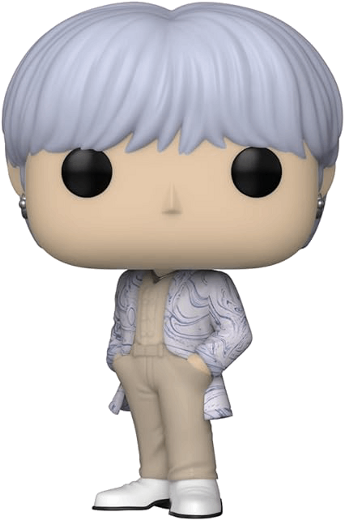Figura Funko Pop de una persona con cabello blanco y un atuendo de color claro.