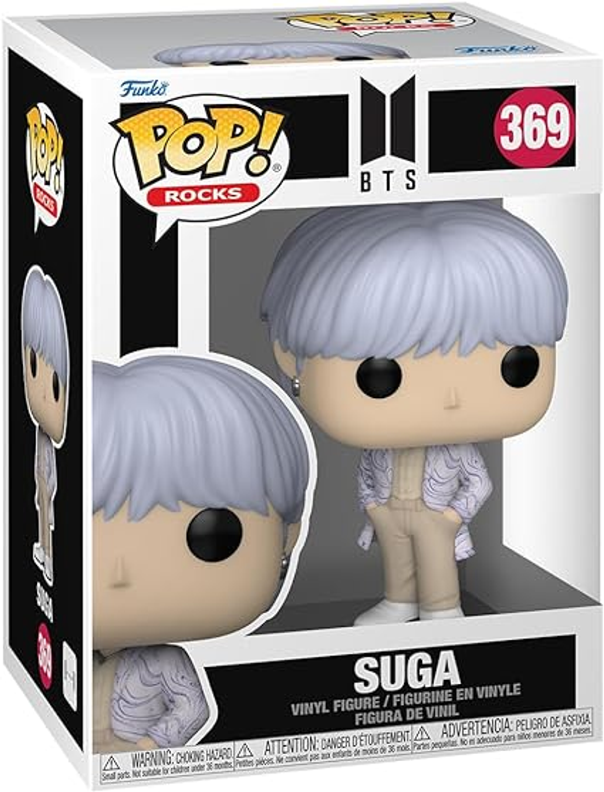 Figura de BTS Suga en una caja Funko Pop. La figura tiene cabello claro y viste un atuendo claro.