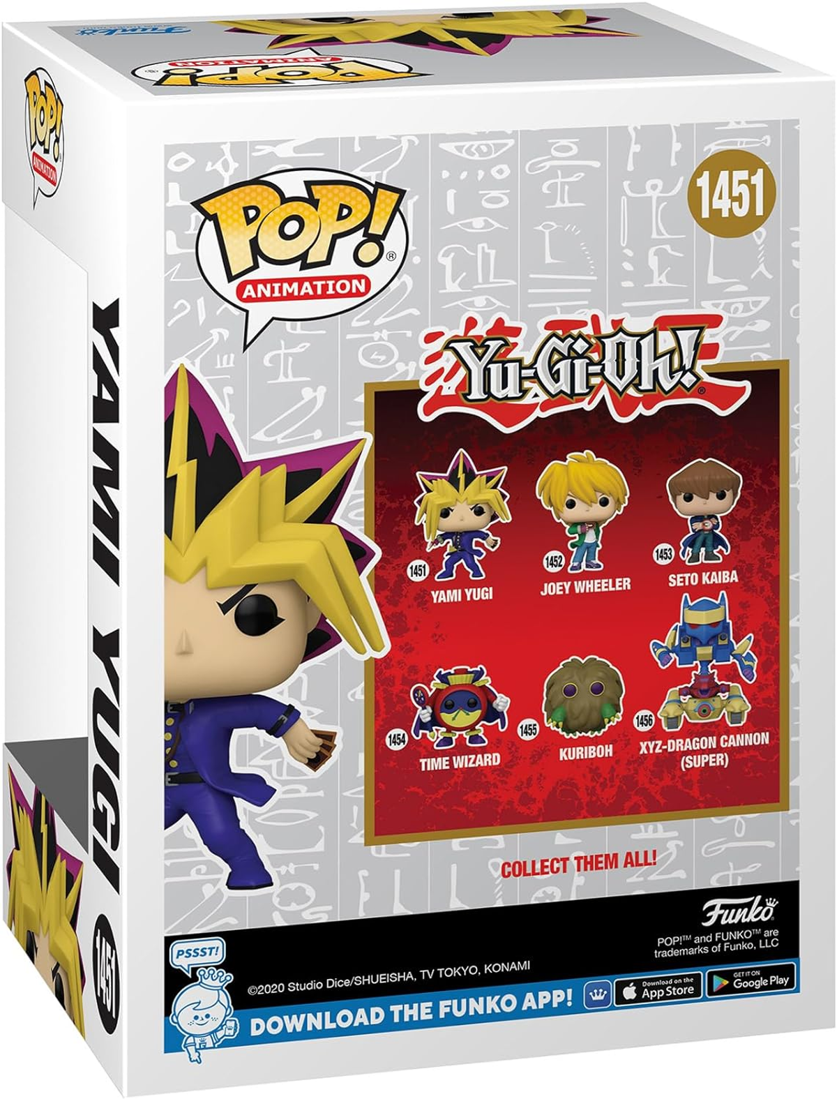 Arte de la caja de Yami Yugi Funko Pop, personajes de Yu-Gi-Oh! en la parte trasera. Figura de Yami Yugi al lado.