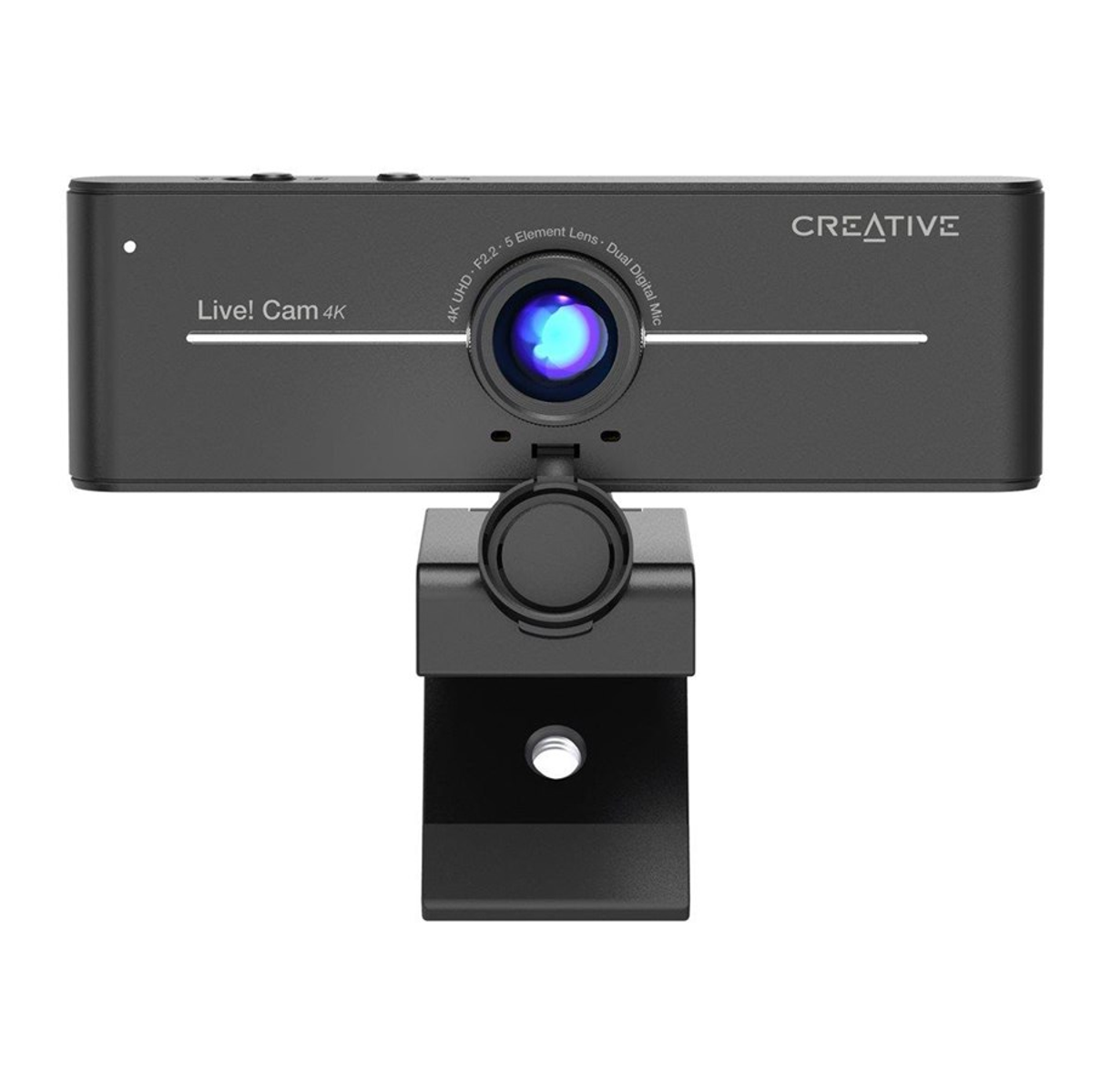 Una webcam Creative negra con lente, micrófono y la palabra "CREATIVE" arriba, montada en un soporte.