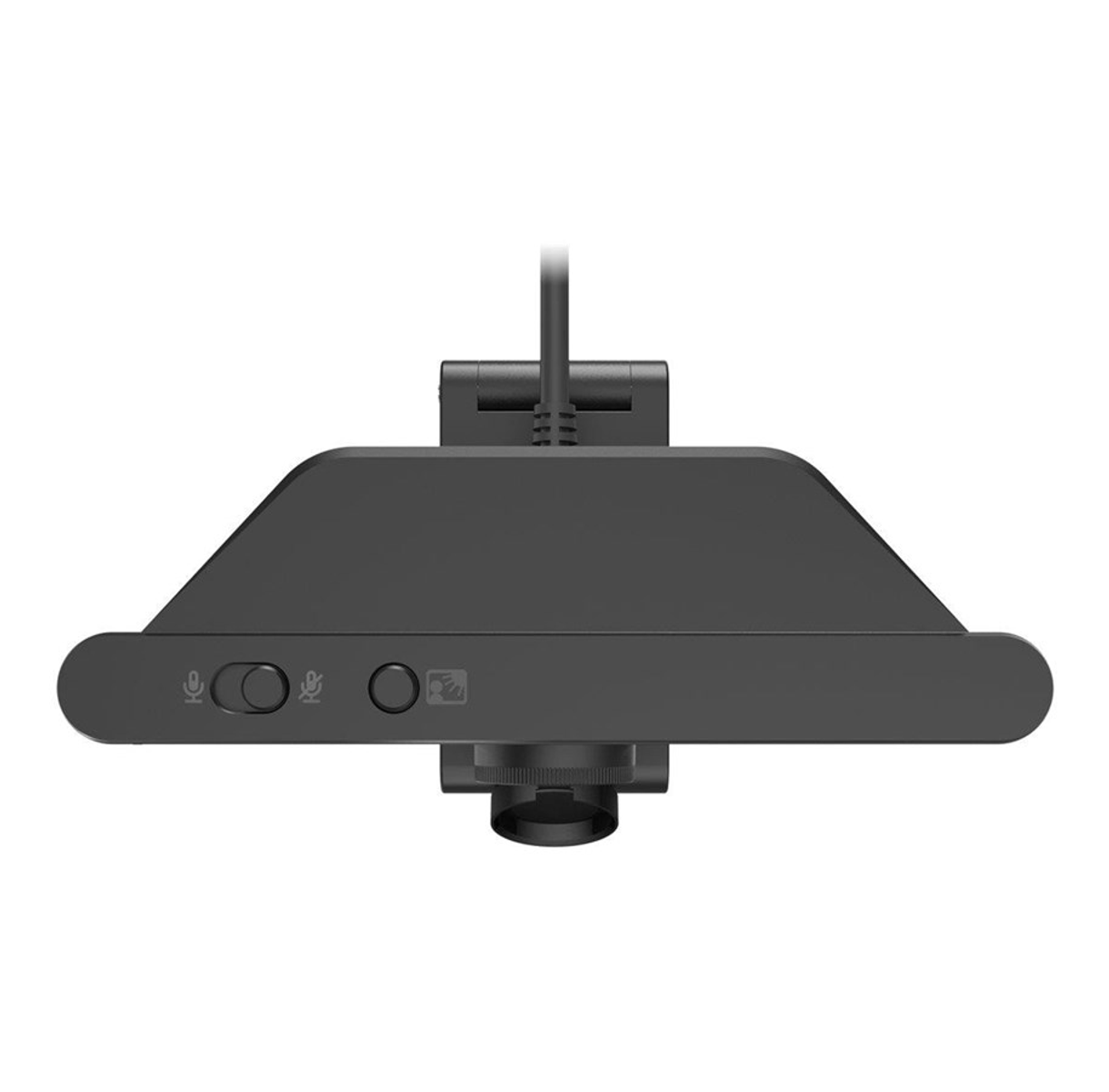 Una webcam negra, con dos botones y una lente, montada en un soporte.