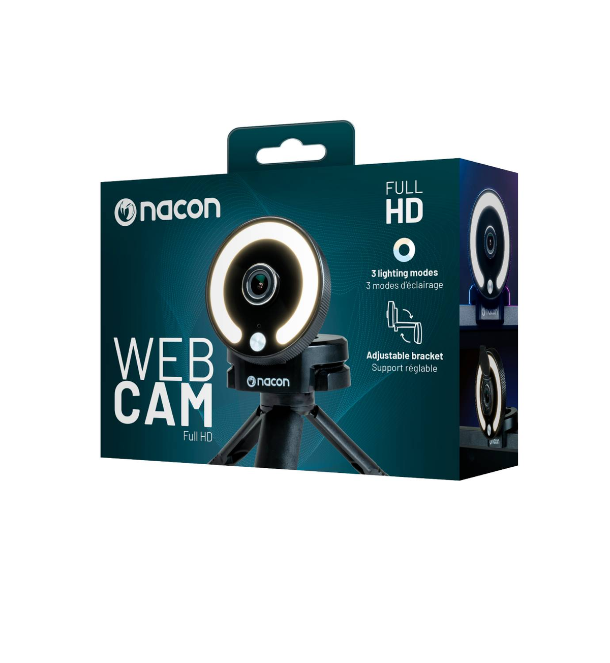 Scatola webcam con webcam ad anello luminoso e dettagli del prodotto.