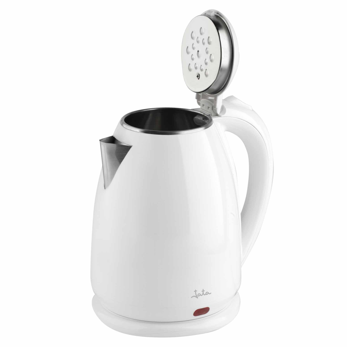 Hervidor eléctrico blanco con tapa abierta. Botón rojo. Fondo blanco.