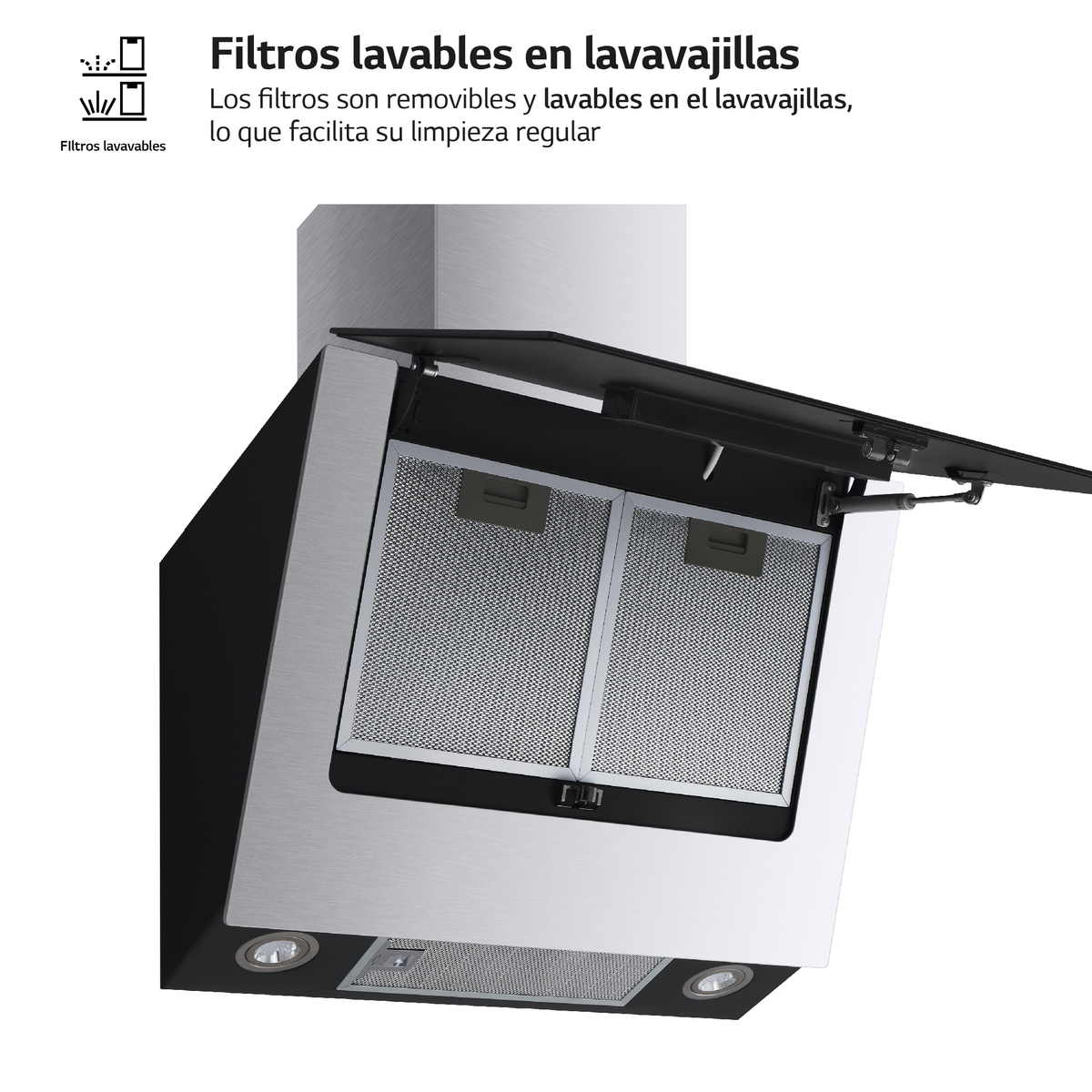 Cappa con filtri. Sono visibili due filtri e un testo in spagnolo dice 'filtri lavabili'.