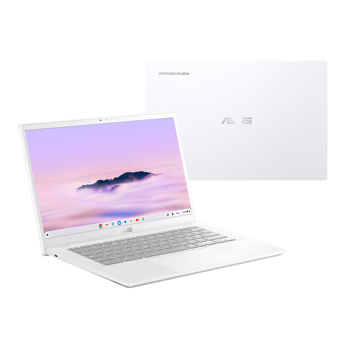 Laptop ASUS Chromebook Plus blanco, con una segunda pantalla. Fondo claro.