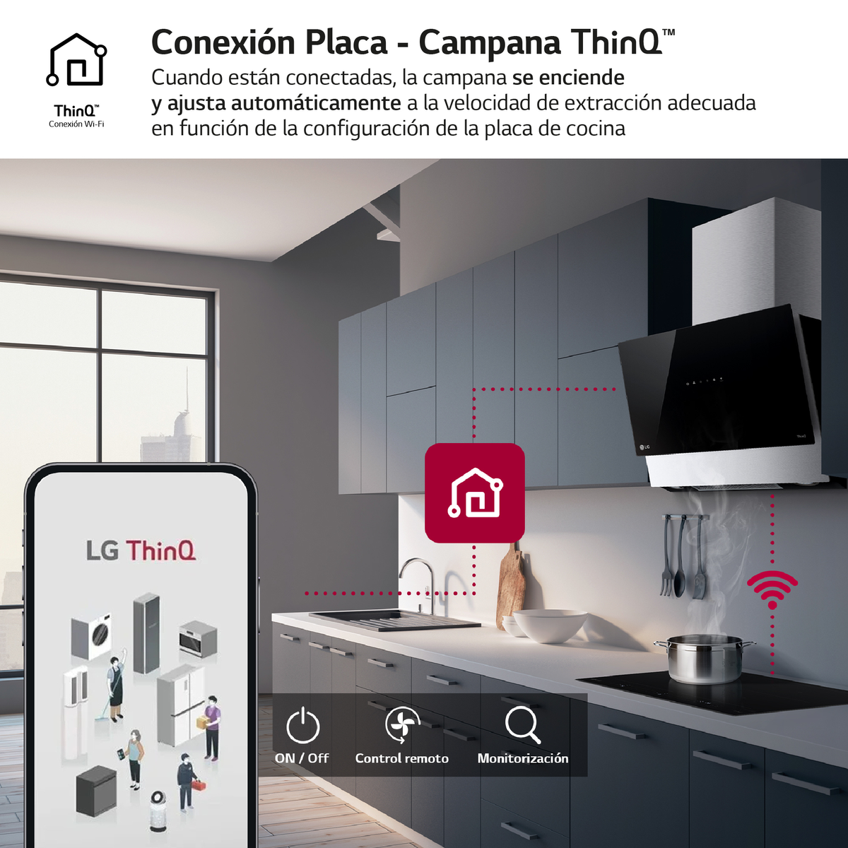 Una scena di cucina moderna con uno smartphone che mostra l'integrazione della casa intelligente.