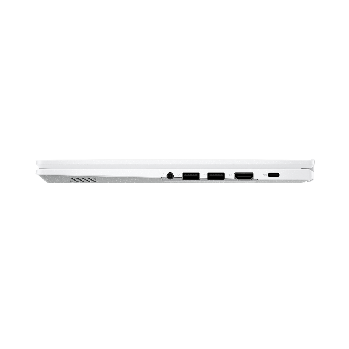 Perfil lateral de un portátil blanco con puertos: auriculares, USB, HDMI y USB-C.