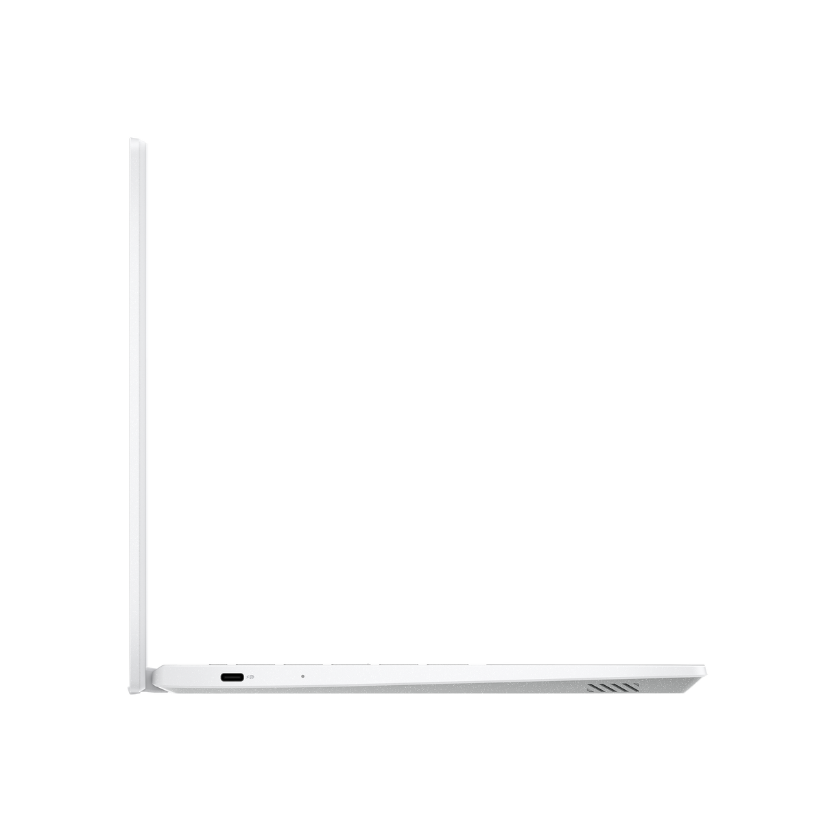 Vista lateral de una laptop blanca sobre un fondo negro.