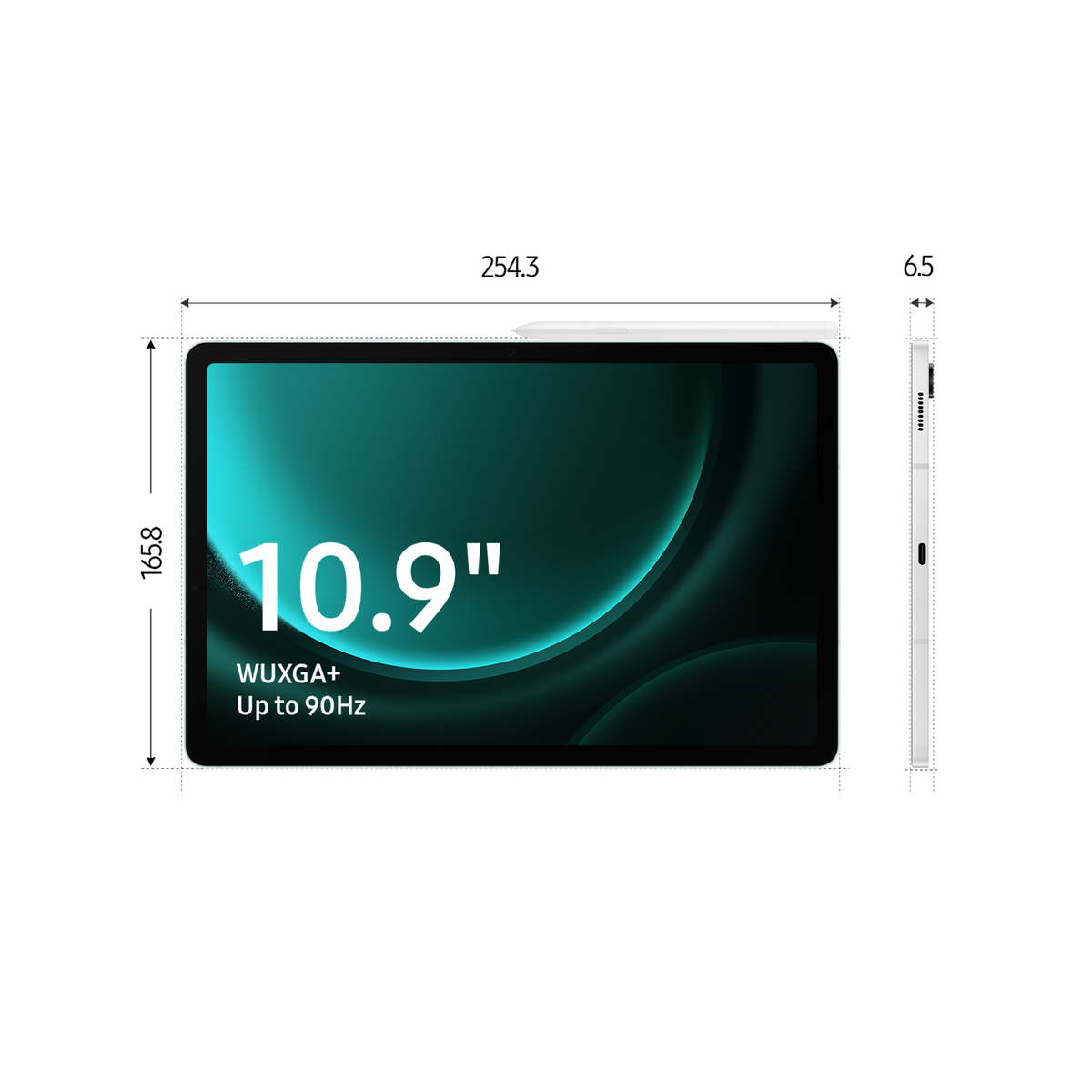 Tablet con stilo. Dimensioni: 254,3 mm di larghezza, 165,8 mm di altezza, 6,5 mm di spessore.