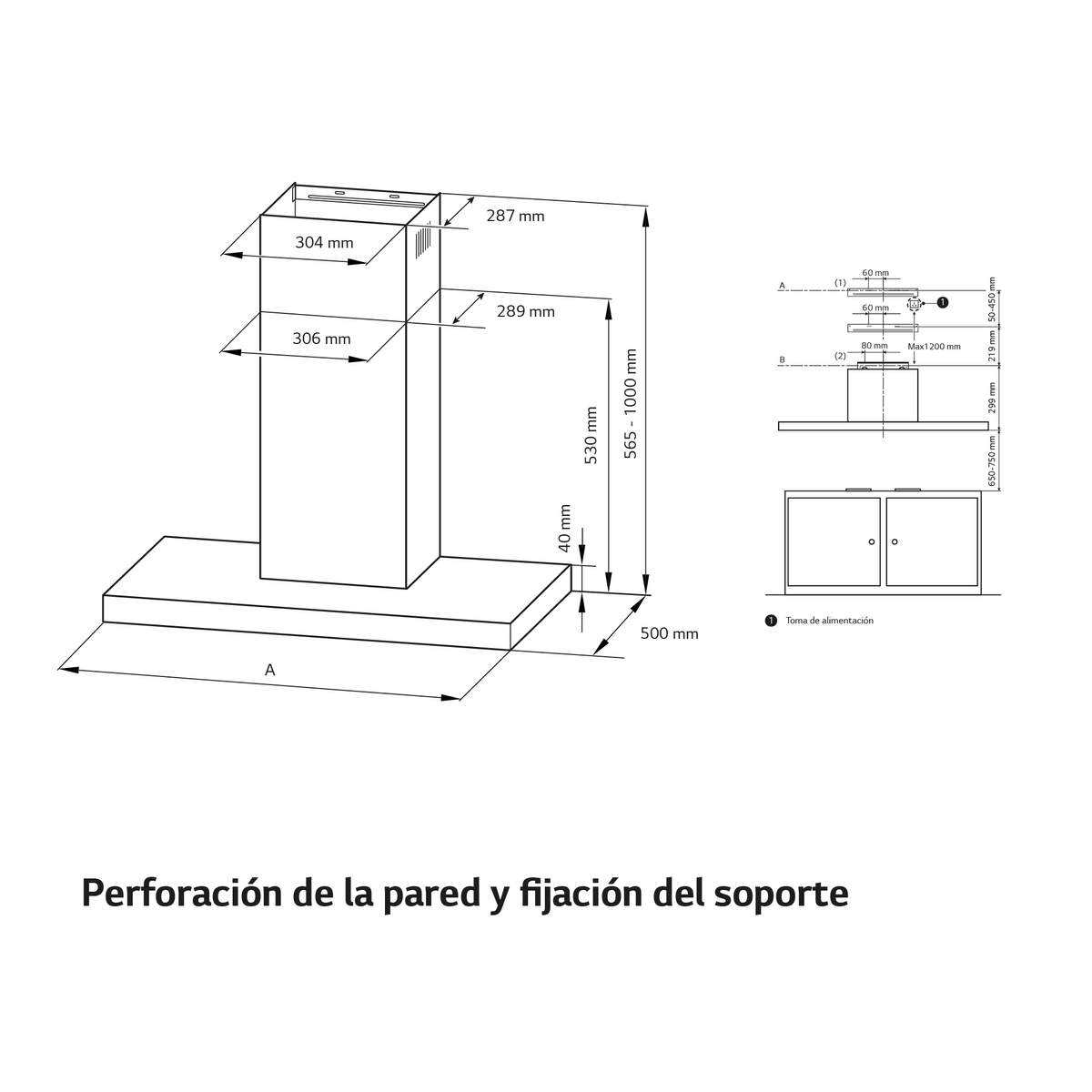 Disegno tecnico di una cappa da cucina con dimensioni in mm.