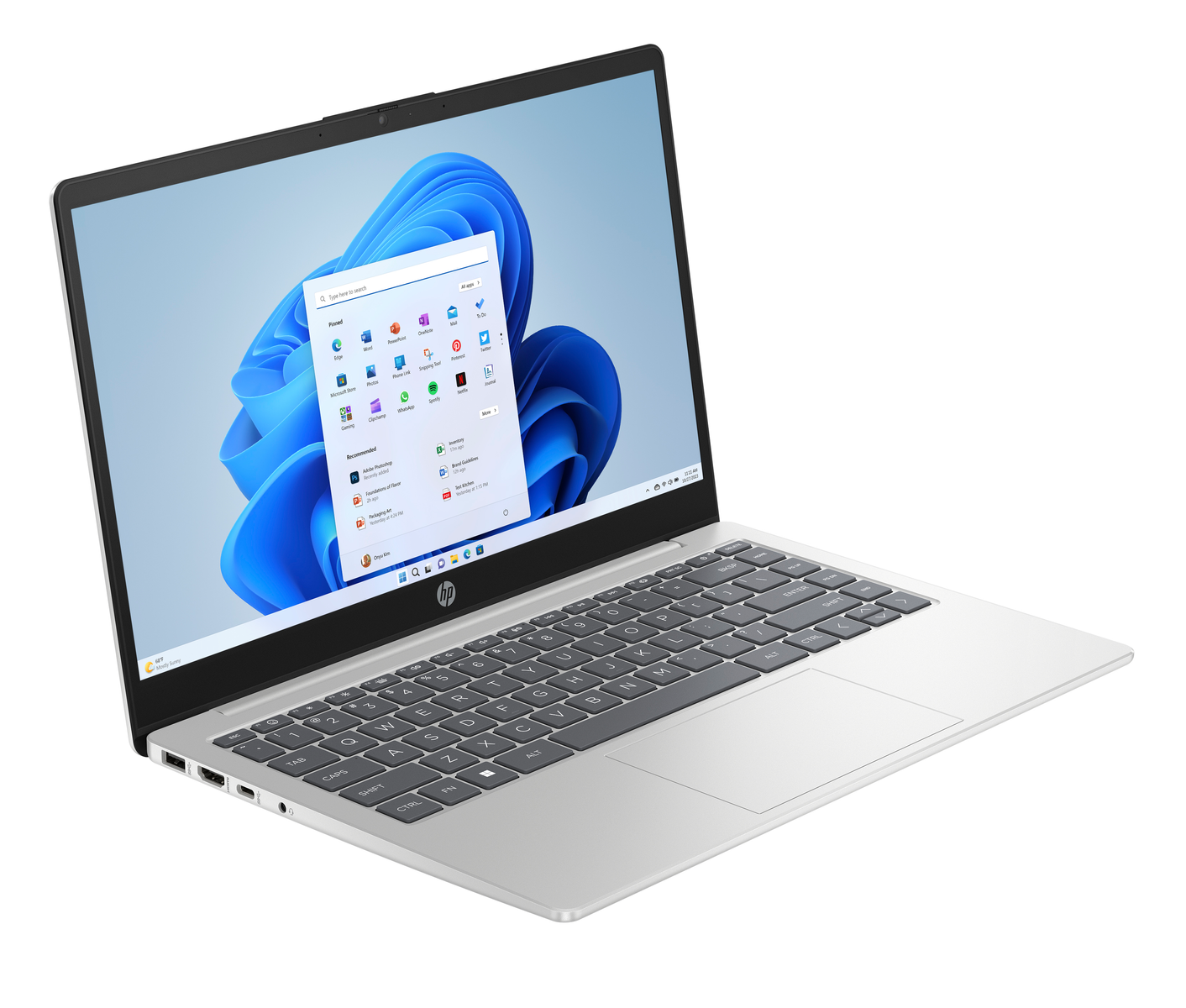 Portátil HP plateado, abierto, mostrando una interfaz de Windows 11 sobre un fondo azul y blanco.