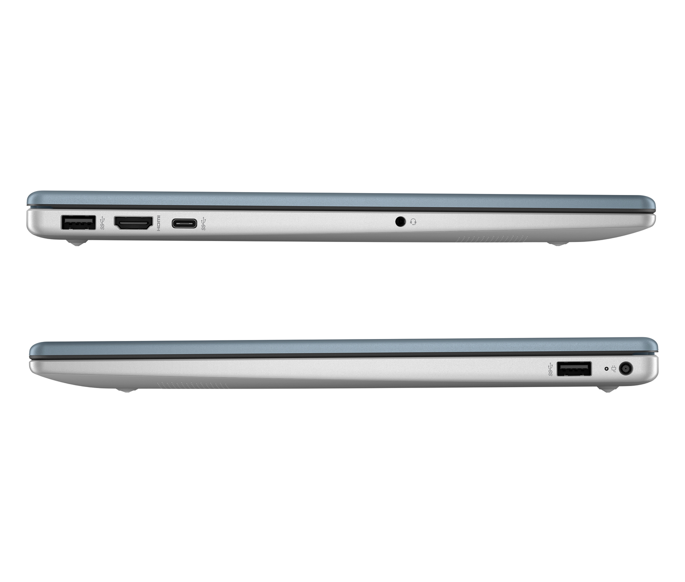 Dos laptops, vista lateral, plateadas y azules, mostrando puertos.