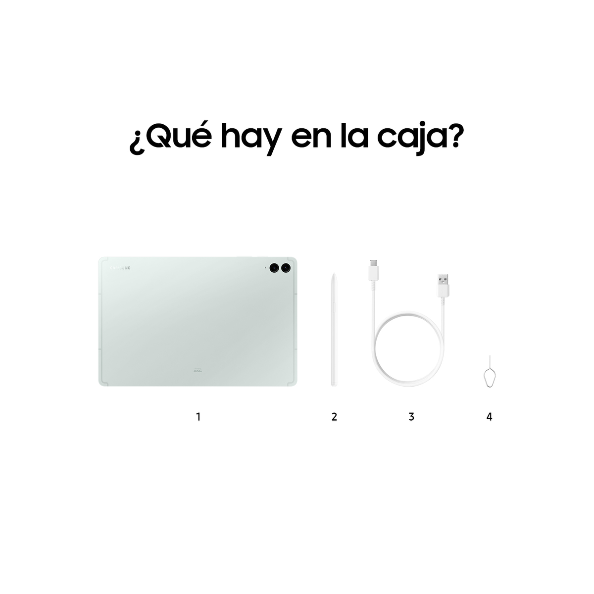 Tablet, pióro, kabel i wyrzutnik SIM. Tekst w języku hiszpańskim. Białe tło.