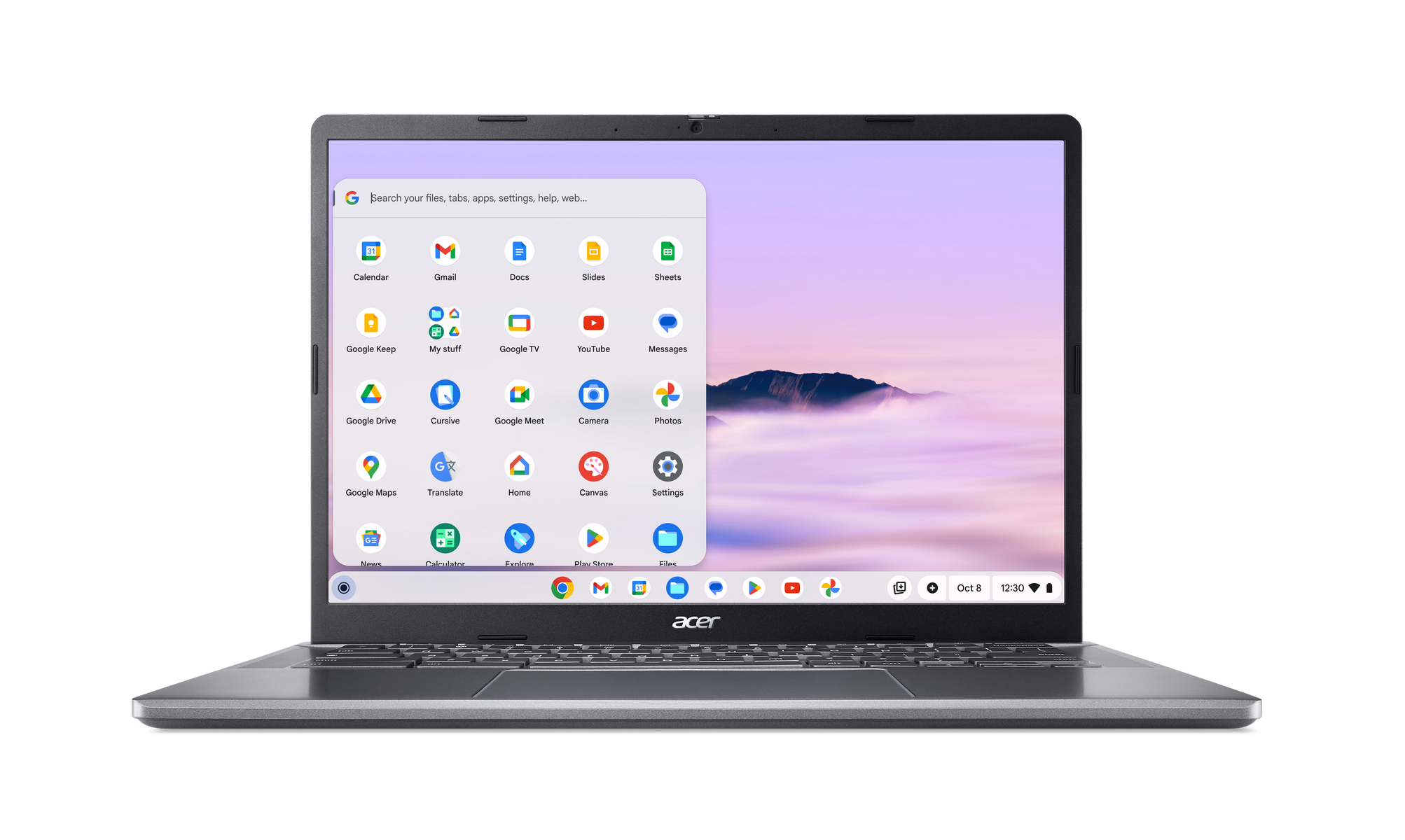 Portátil plateado abierto, mostrando un menú de aplicaciones de Google sobre fondo cielo lila.