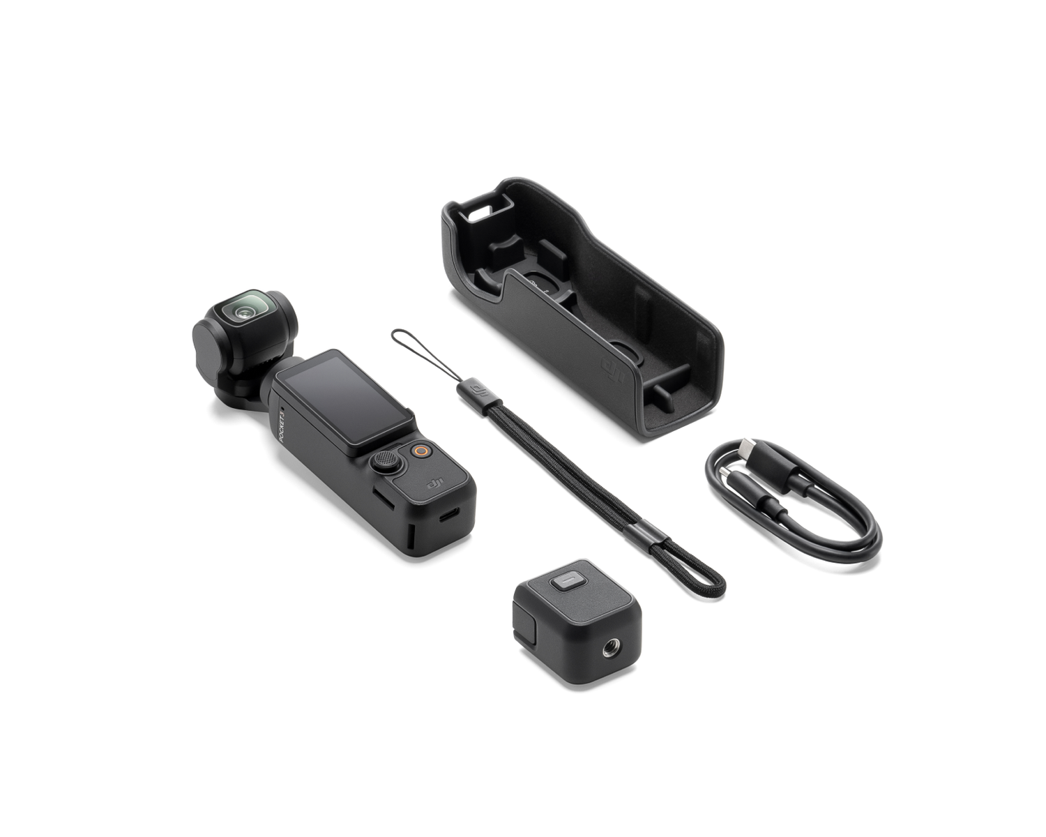 DJI Pocket 2 Kamera-Set mit Zubehör: Hülle, Gurt und Ladekabel.