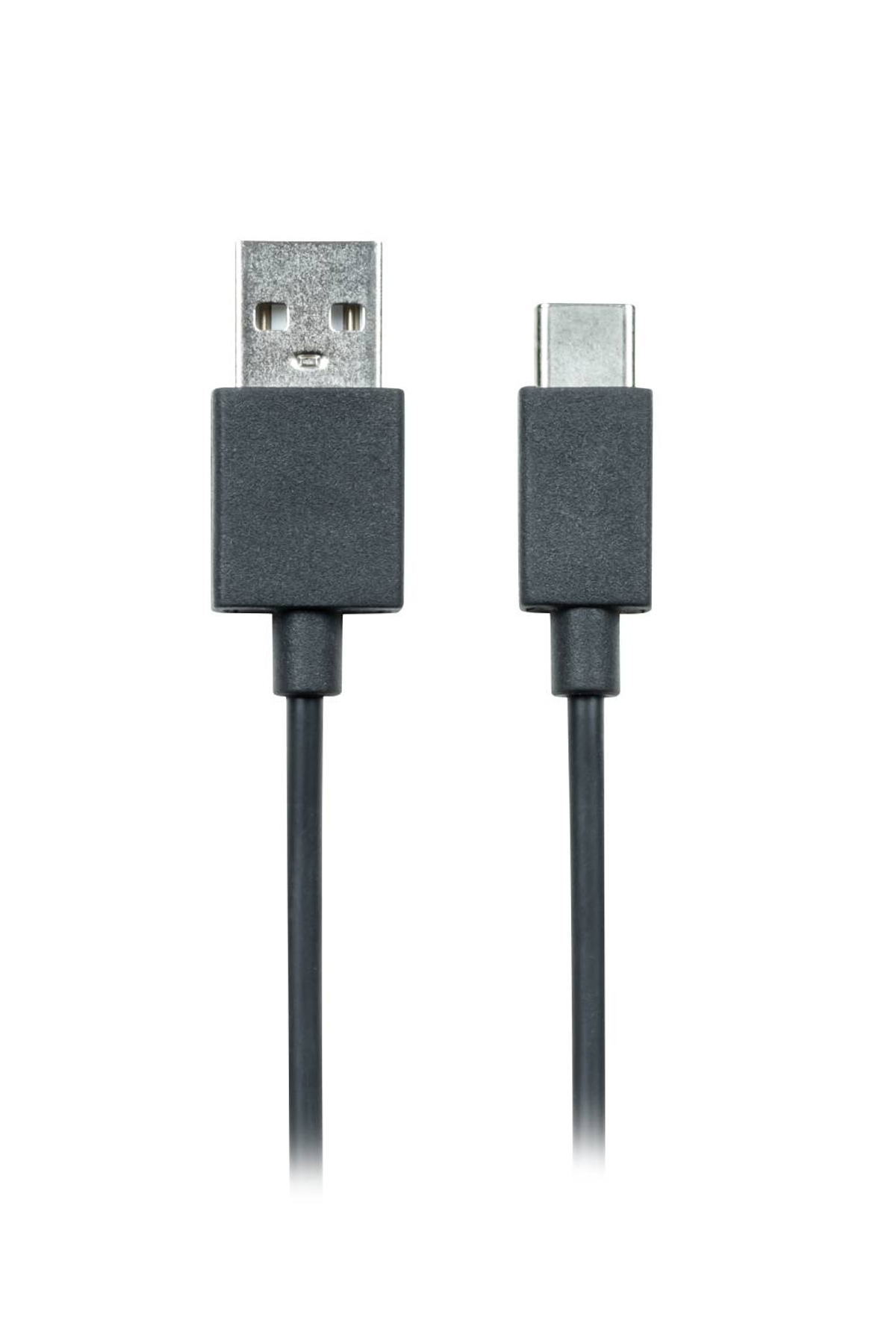 Cavo nero da USB a USB-C su sfondo bianco.