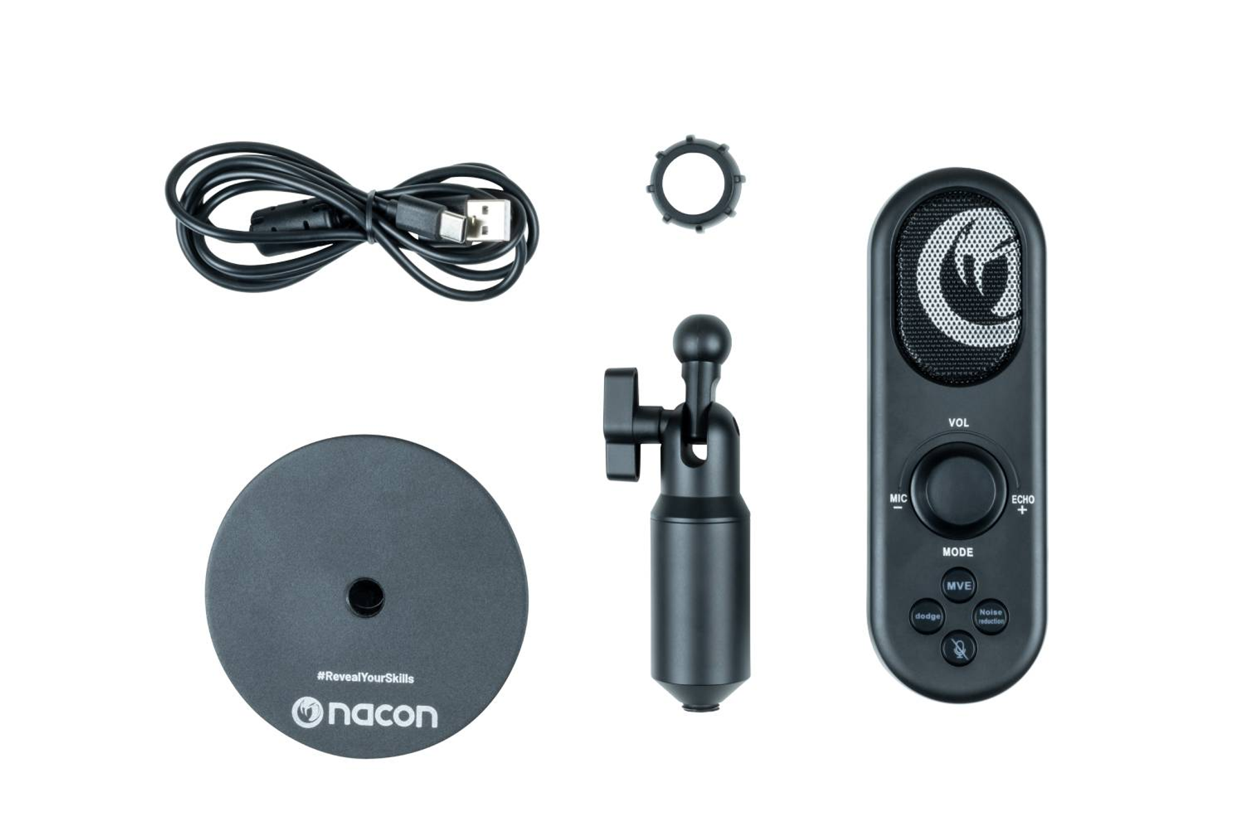 Kit microfono con supporto, shock mount e cavo USB, su sfondo bianco.