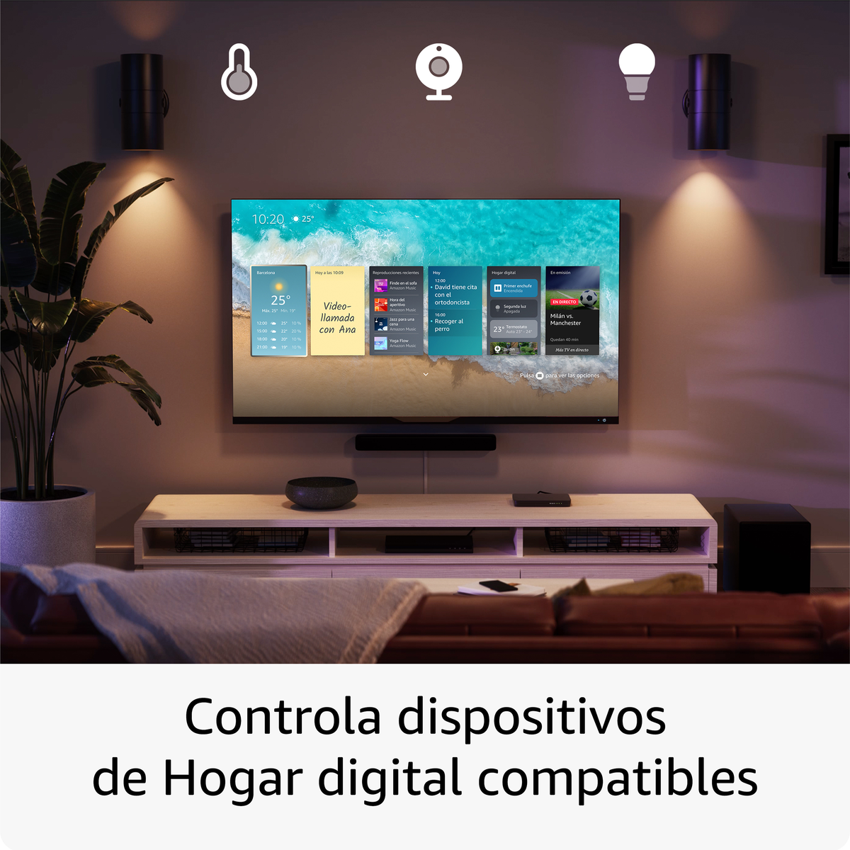 Ein Wohnzimmer mit einem Fernseher, der eine Wetter-App und Smart-Home-Steuerungen zeigt.
