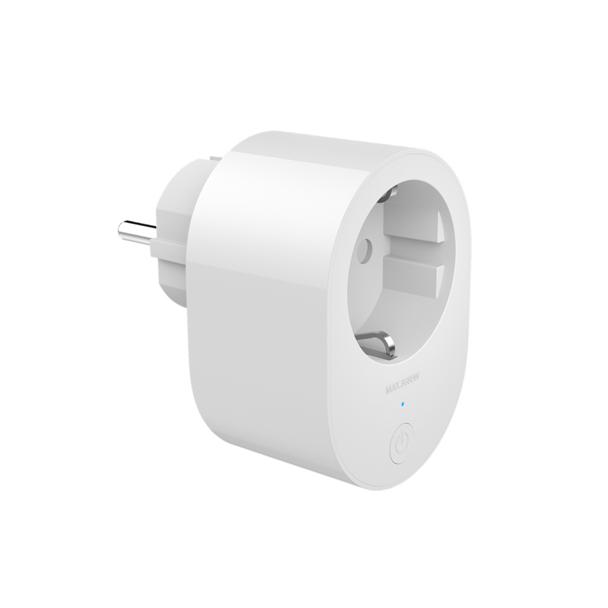 Biała wtyczka smart z przyciskiem zasilania i wtyczką, na czarnym tle.