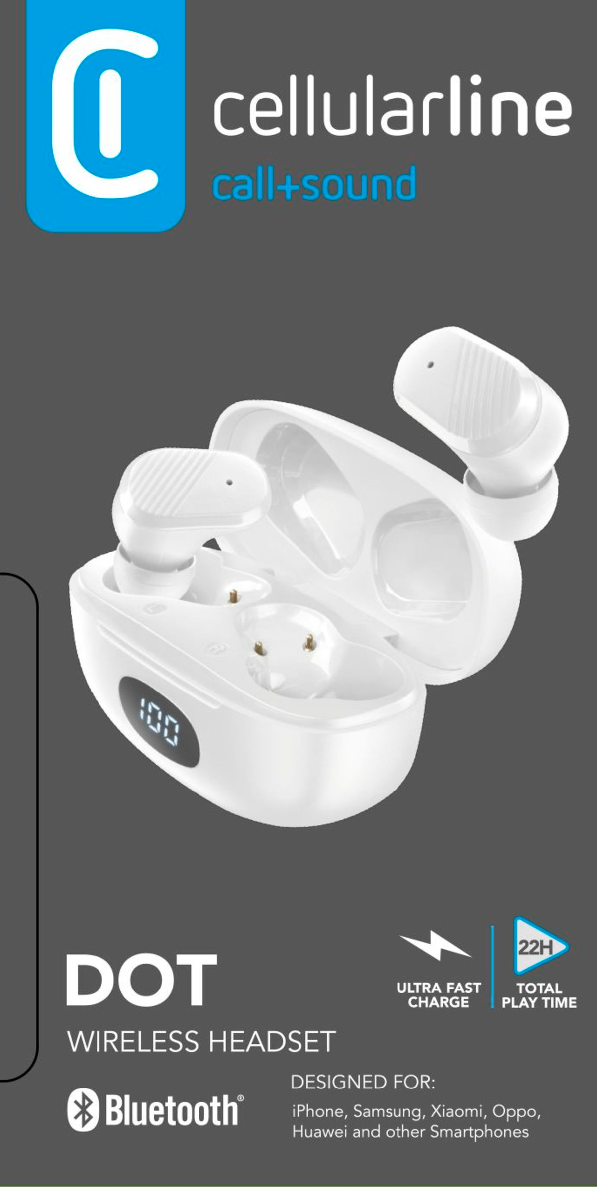Weißes drahtloses Headset mit Ladecase. Das Case zeigt den Akkustand an.