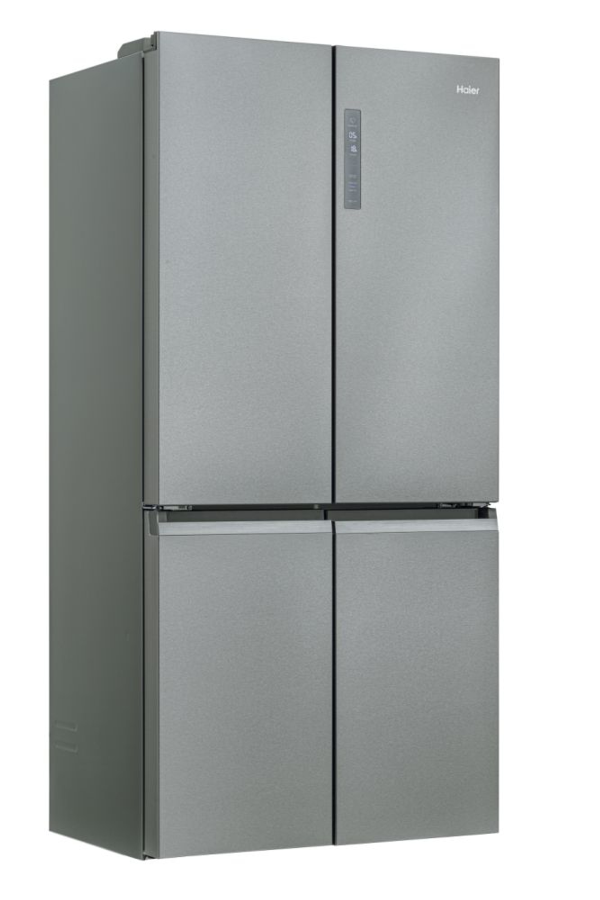 Refrigerador Haier plateado de cuatro puertas sobre fondo blanco.