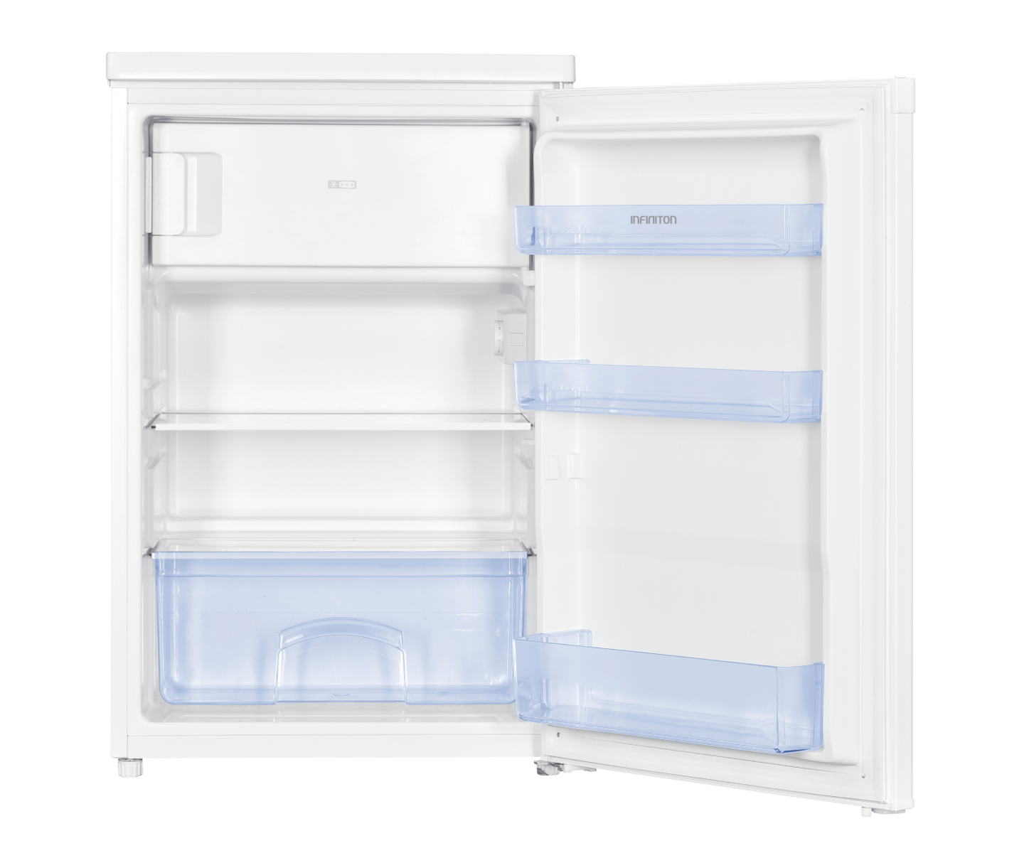 Un frigorífico blanco con la puerta abierta, mostrando estantes y cajones. El interior es azul.