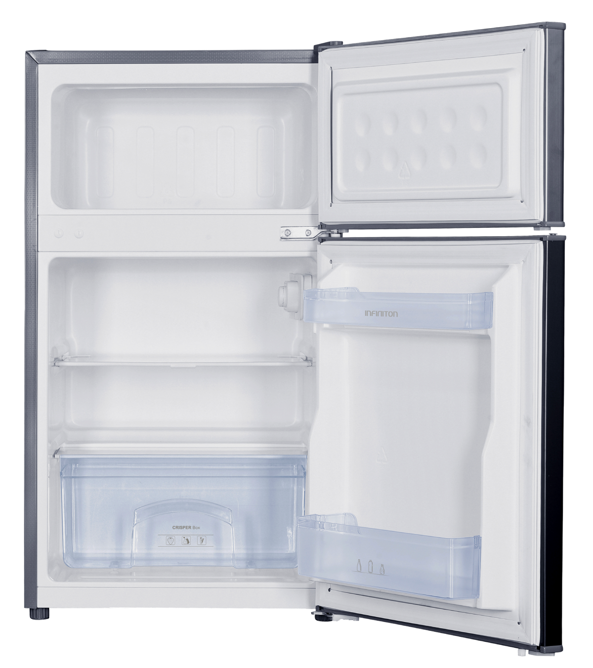 Un refrigerador con ambas puertas abiertas, mostrando el interior con estantes y compartimentos.