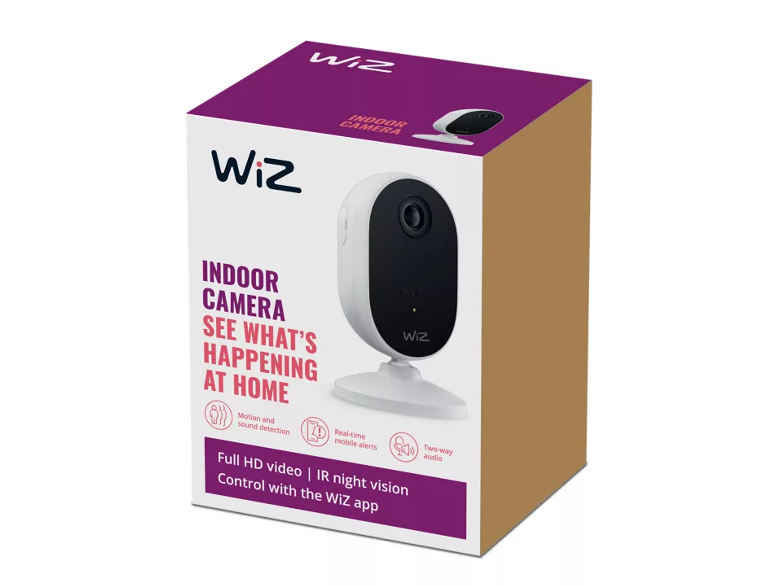 Witte en bruine doos met een beveiligingscamera, de woorden 'Indoor Camera' zijn zichtbaar.