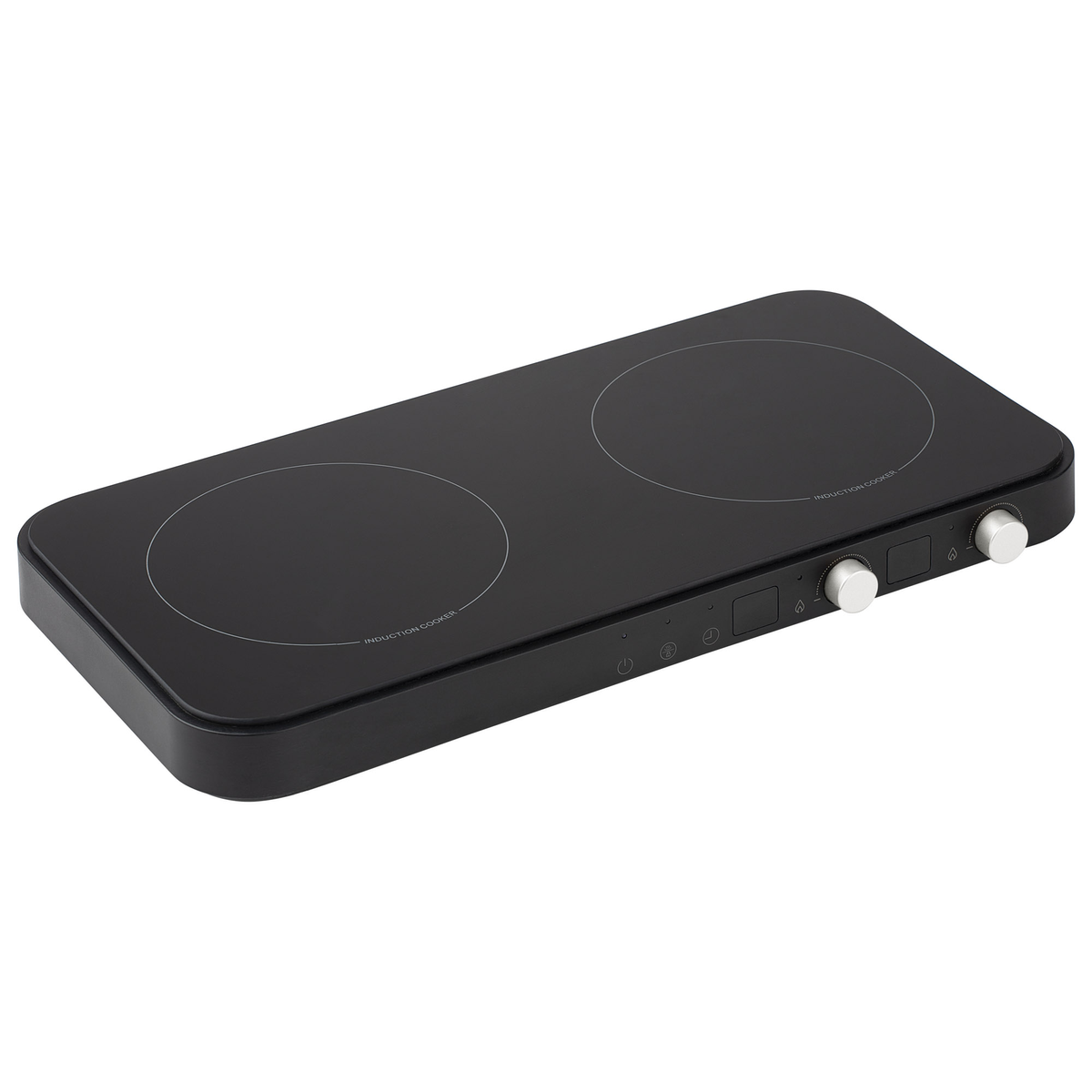 Placa de inducción negra con dos quemadores circulares, mandos plateados e iconos de control.