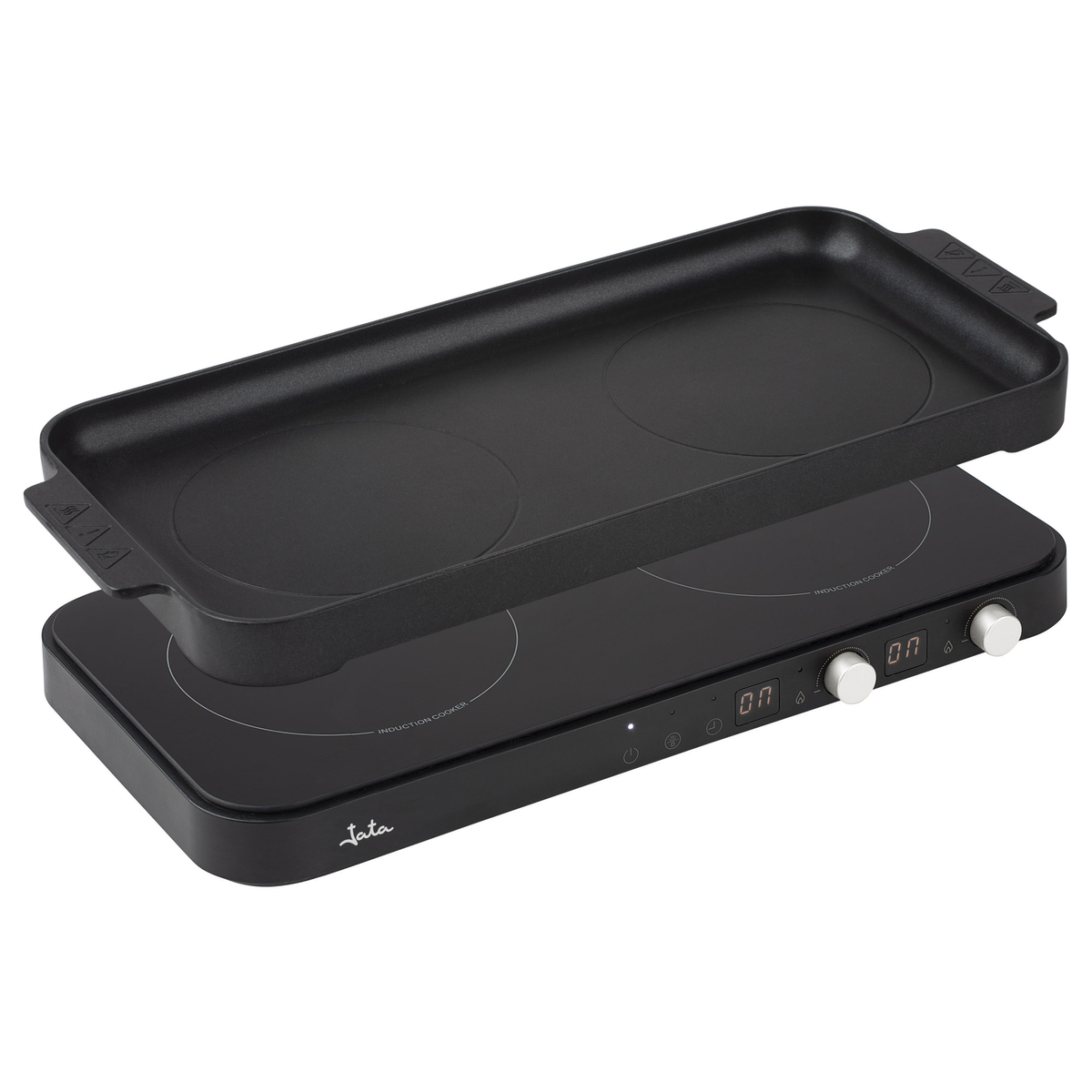 Cocina de inducción negra con plancha negra extraíble. Dos zonas de cocción circulares y mandos.