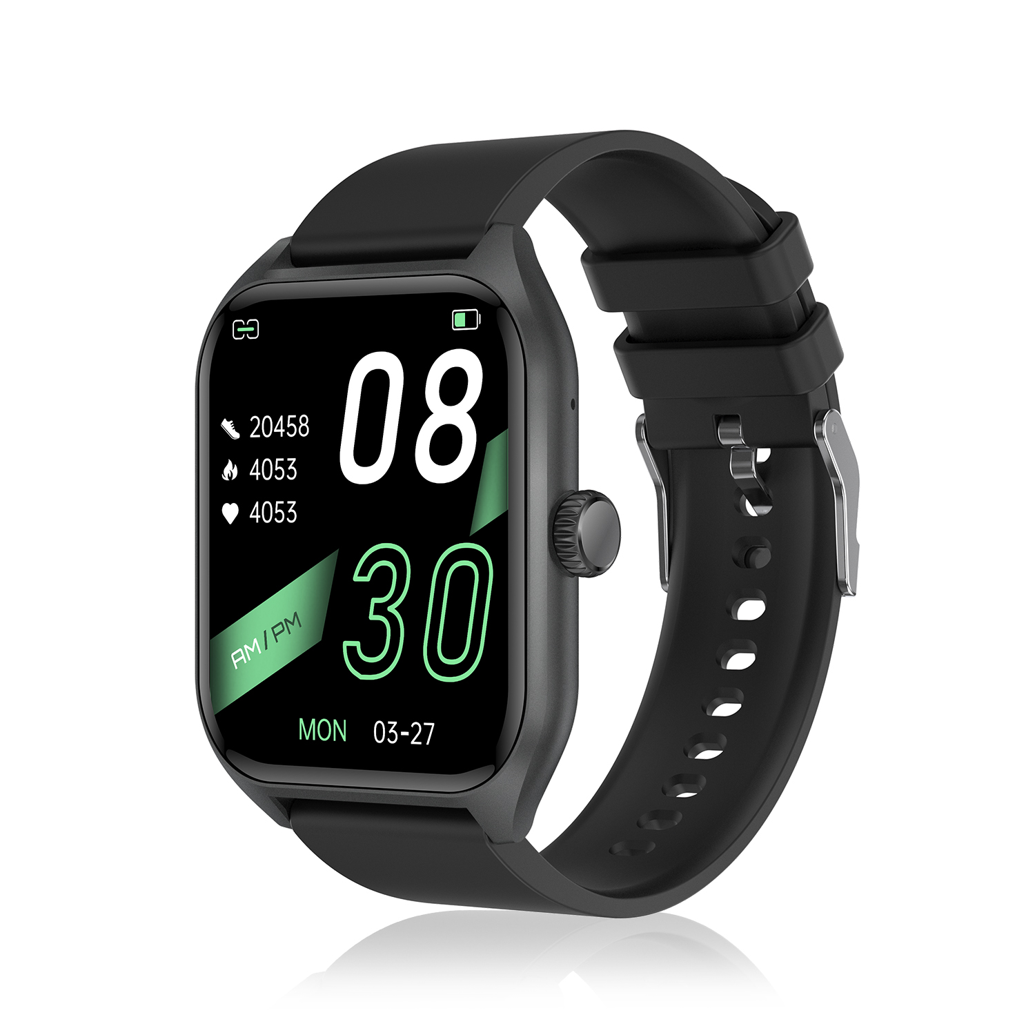 Smartwatch nero con cinturino nero, che mostra i dati.