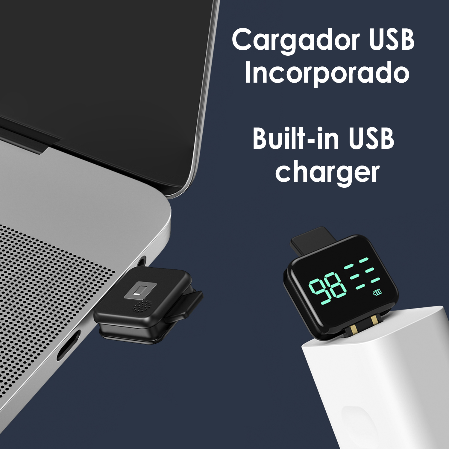 Caricatore USB nero con display, in carica vicino a un laptop e un caricatore bianco.