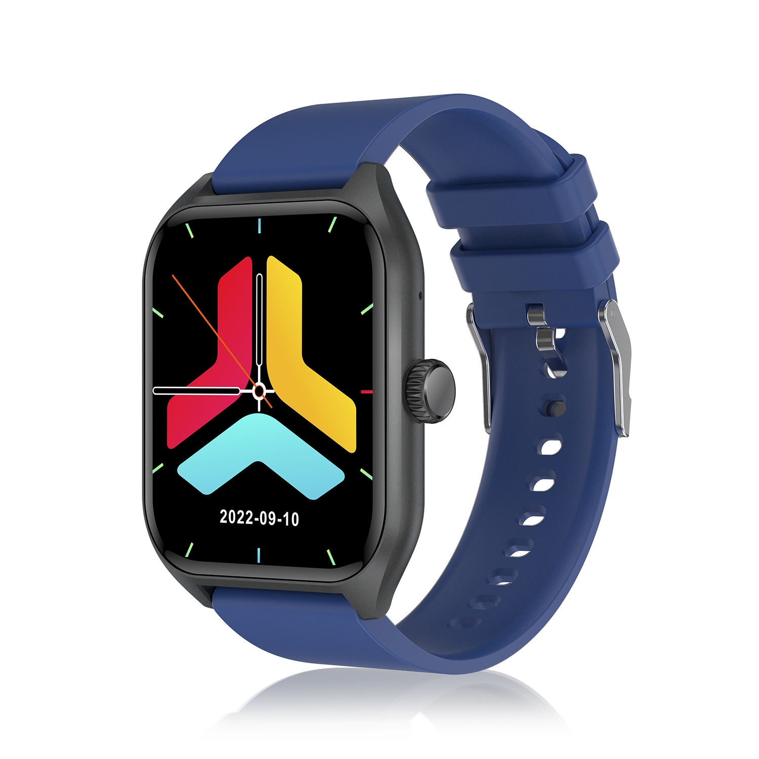 Smartwatch con cinturino blu. Il quadrante mostra grafica colorata e data.