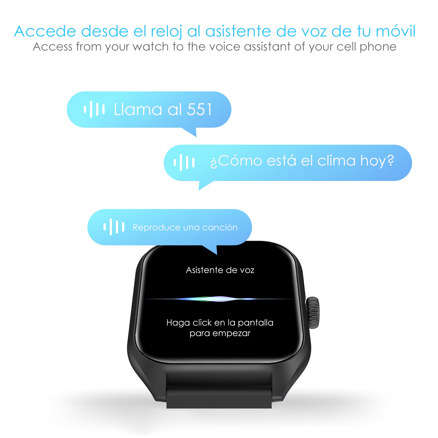 Uno smartwatch con comandi vocali. Le nuvolette mostrano i comandi. Il testo è in spagnolo.