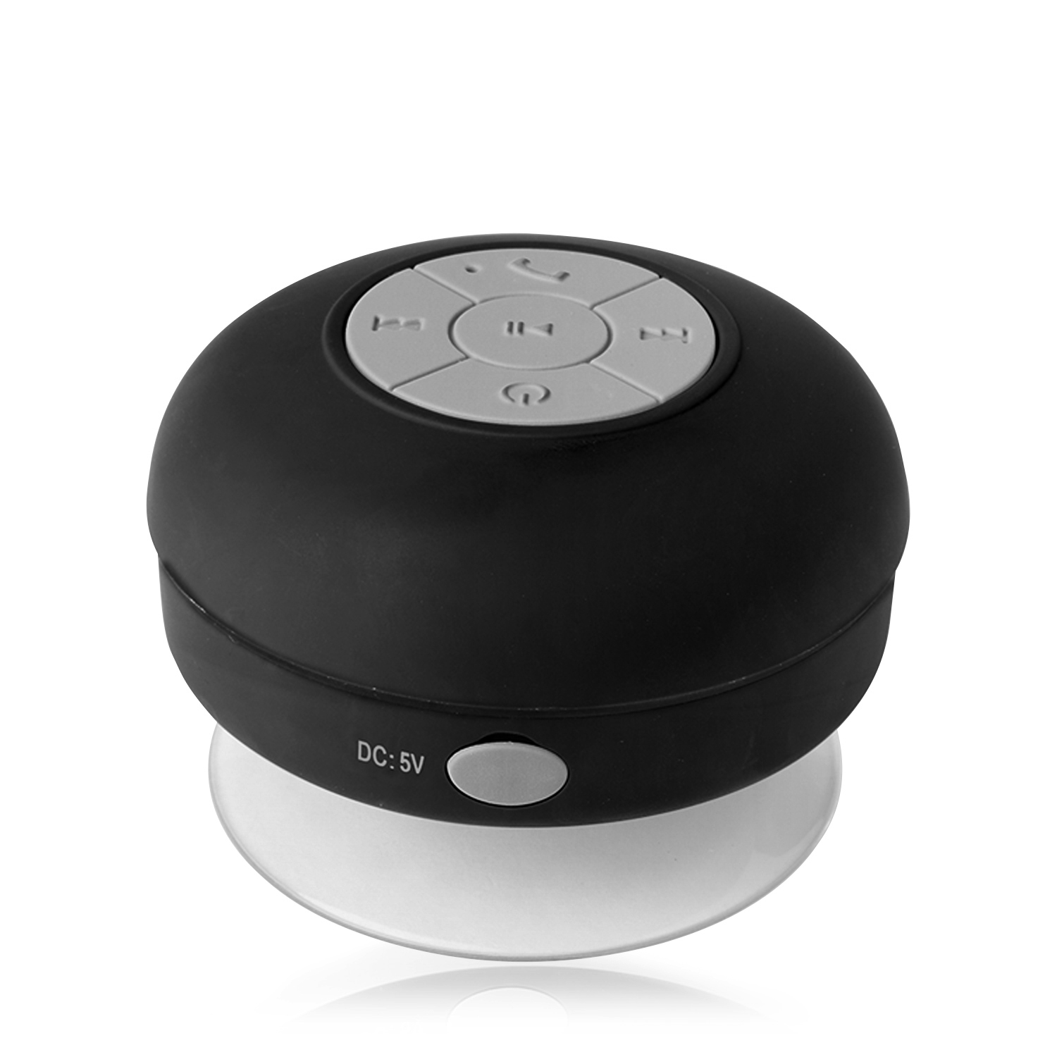 Altoparlante Bluetooth nero, rotondo, con pulsanti sopra, base bianca.