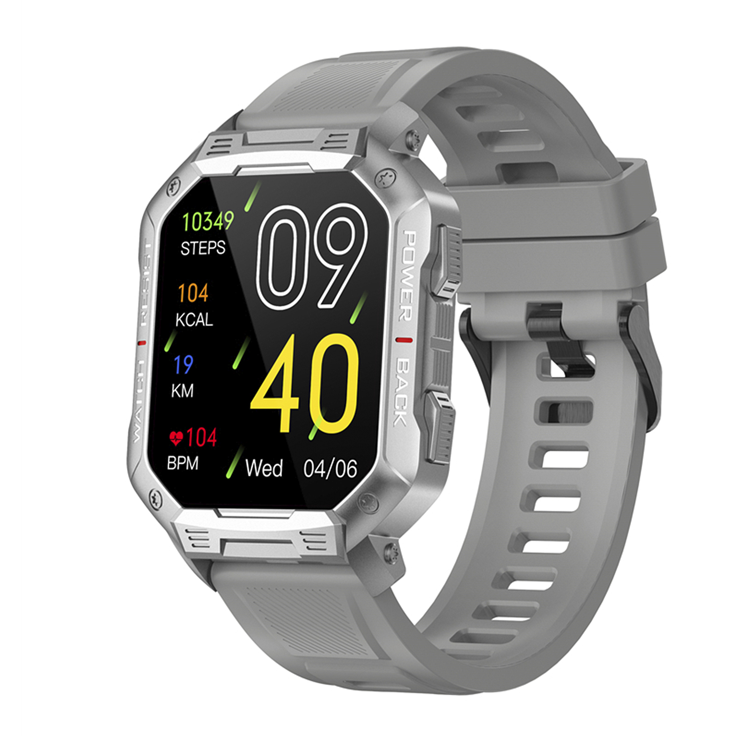 Smartwatch grigio. Mostra passi, calorie, distanza e frequenza cardiaca. Display digitale.