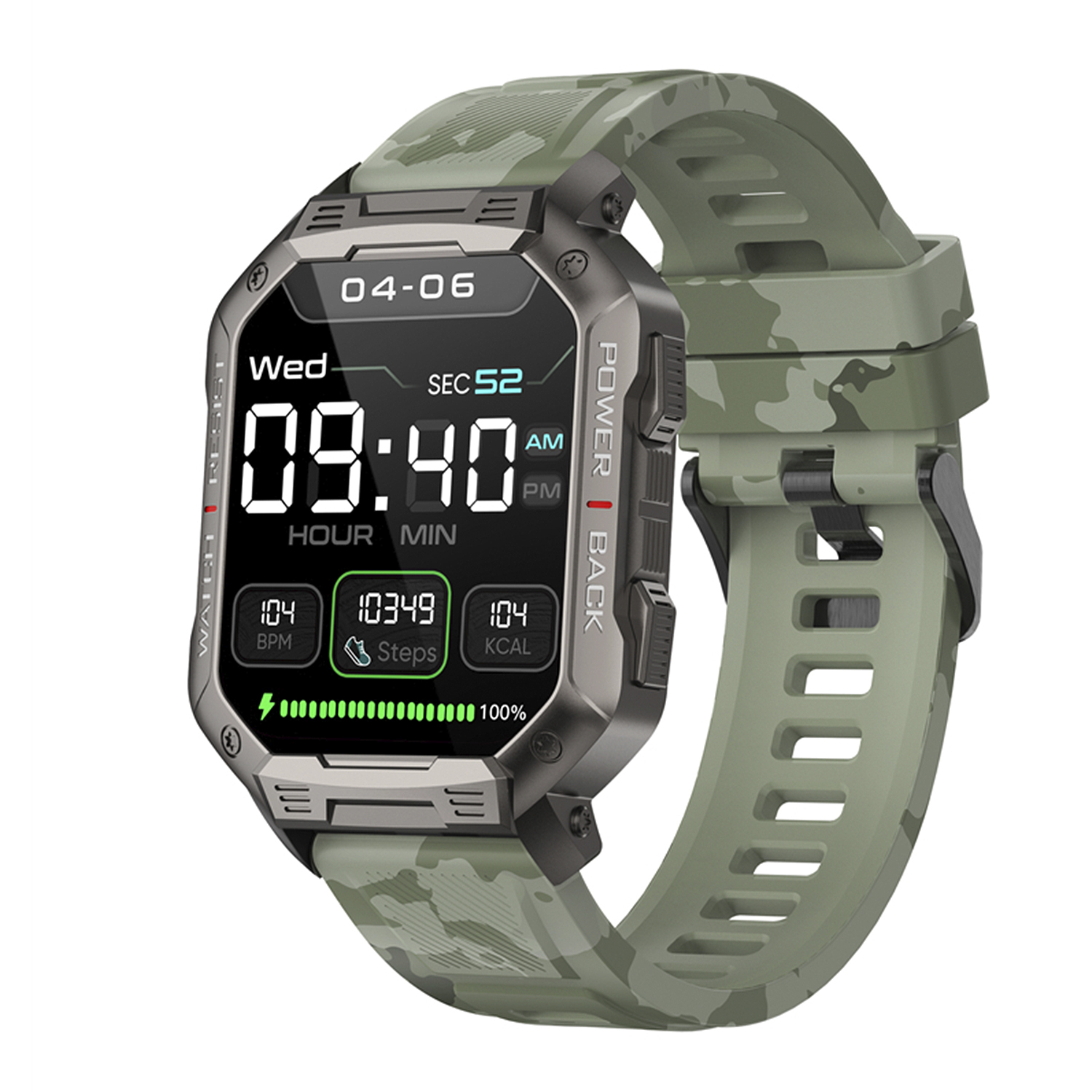 Uno smartwatch con cinturino mimetico verde. Lo schermo mostra ora, passi, calorie e livello batteria.