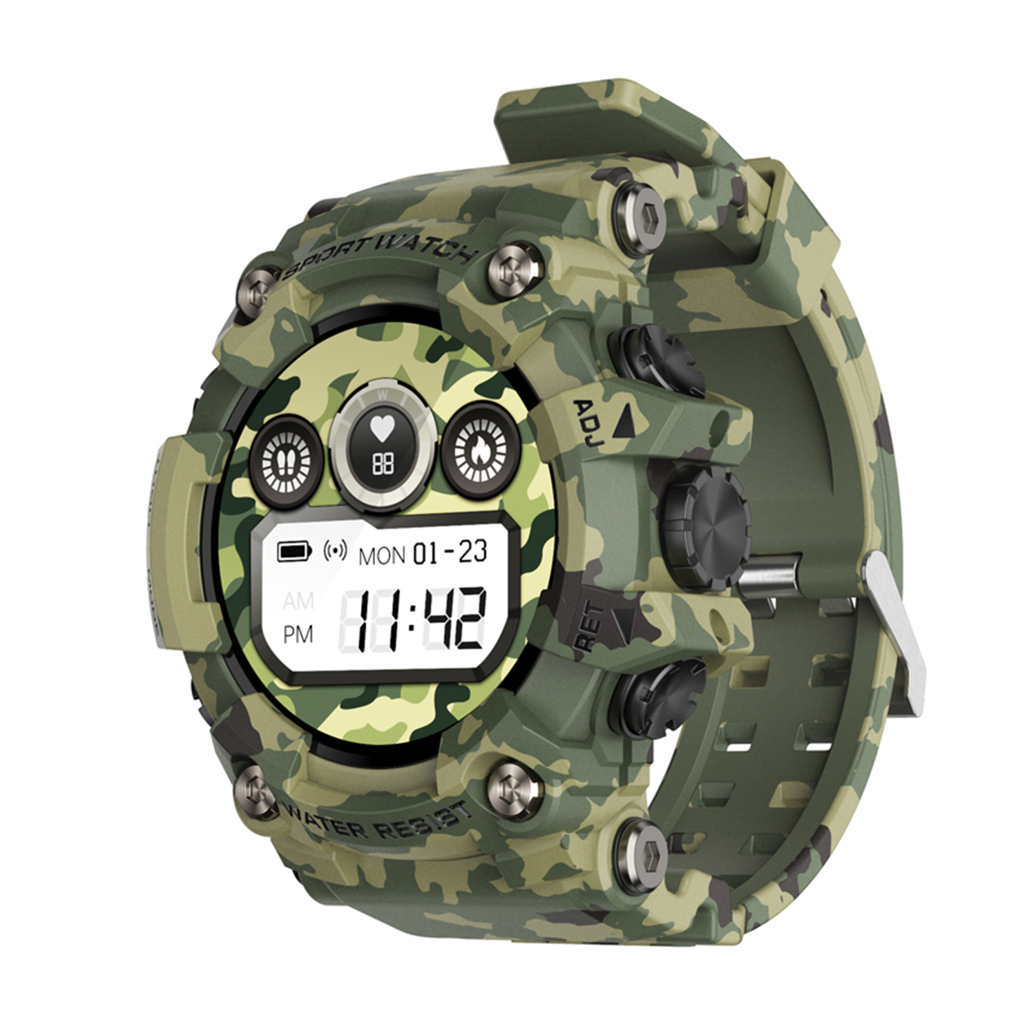 Smartwatch mimetico verde che mostra la data e l'ora. Ha molti pulsanti e uno schermo digitale.