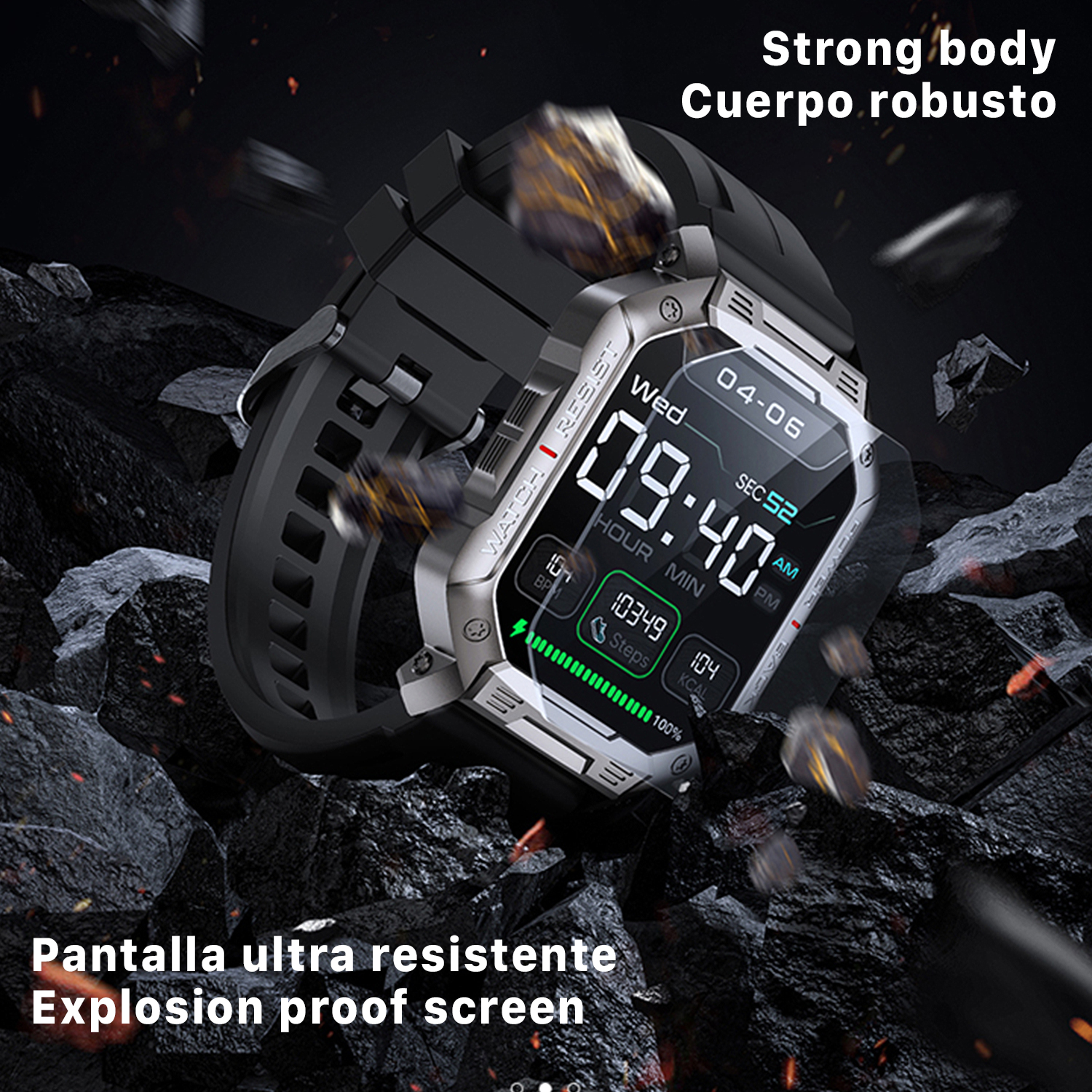 Smartwatch con cinturino nero, che mostra ora e metriche di salute, con testo sovrapposto.
