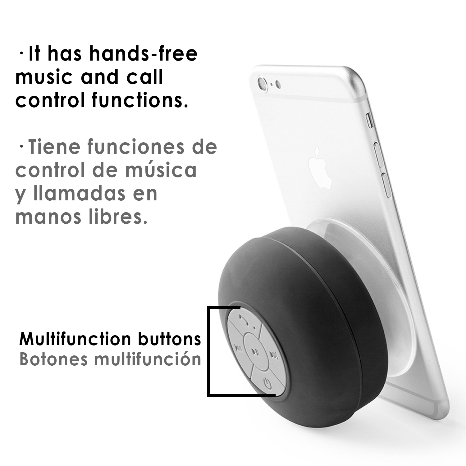 Altoparlante nero con pulsanti multifunzione, accanto a un telefono. Testo indica controllo vivavoce.