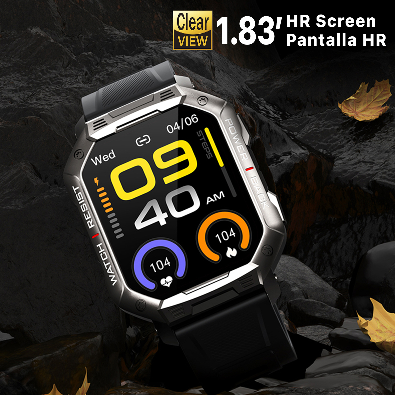 Uno smartwatch argentato visualizza ora, passi e frequenza cardiaca. Il quadrante è al polso.