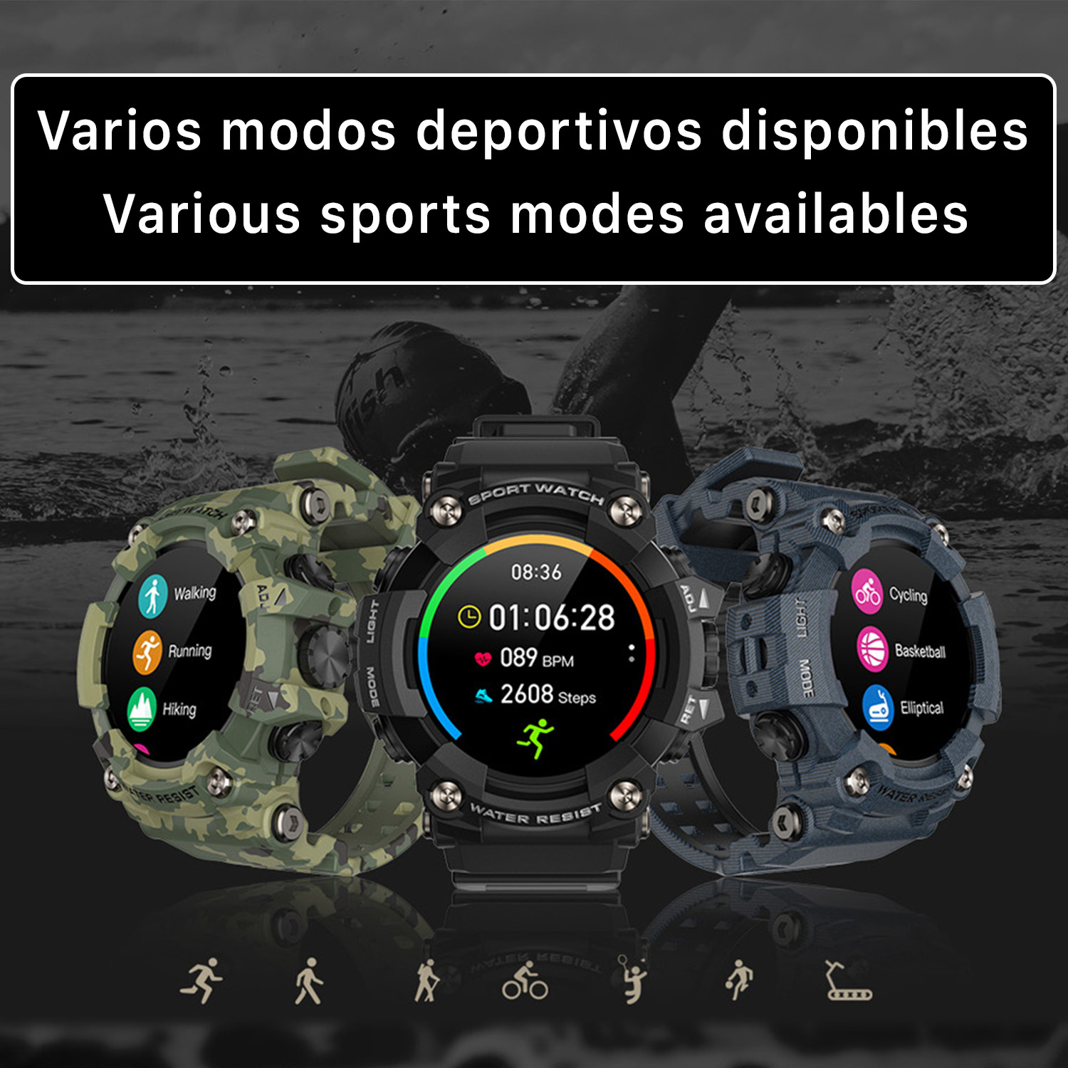 Smartwatch con modalità corsa, camminata ed escursionismo. Testo: Varie modalità sportive disponibili.