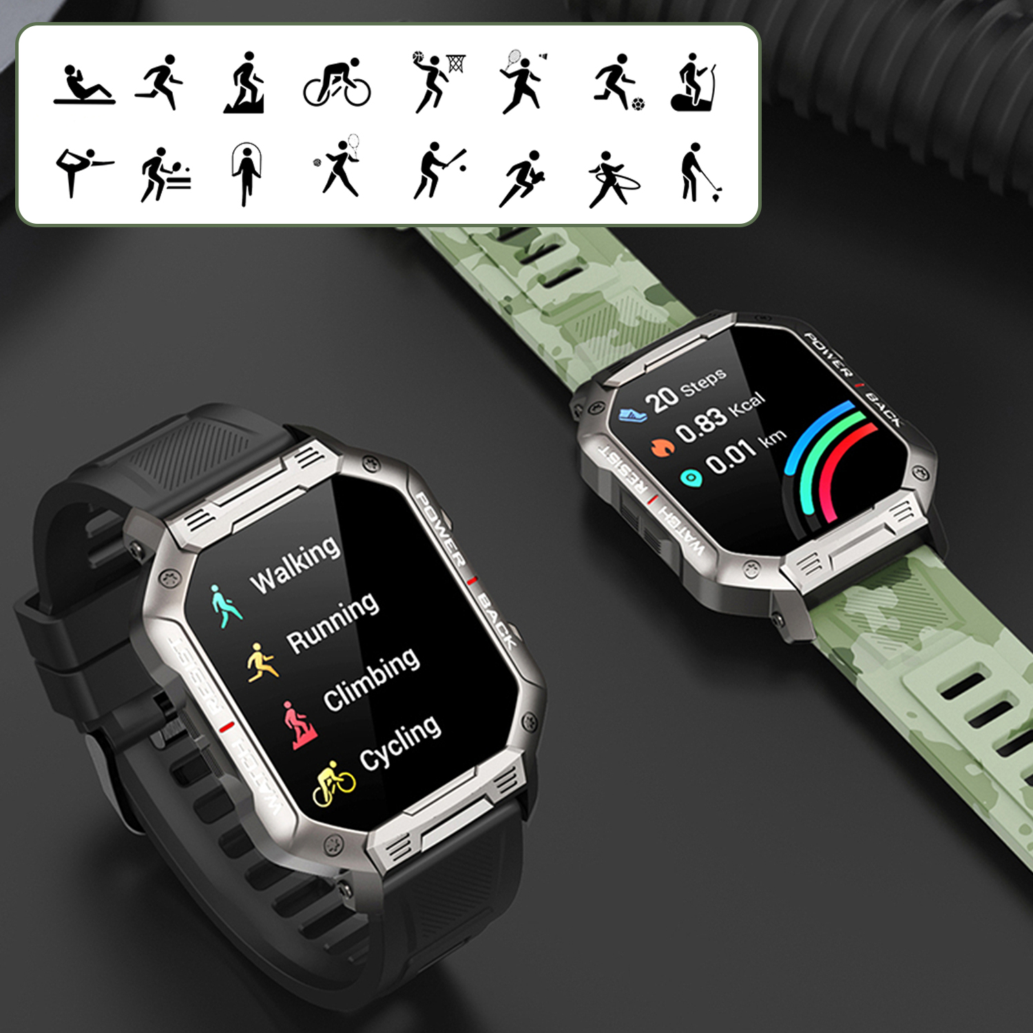 Due smartwatch con varie icone di attività e dati su sfondo nero.