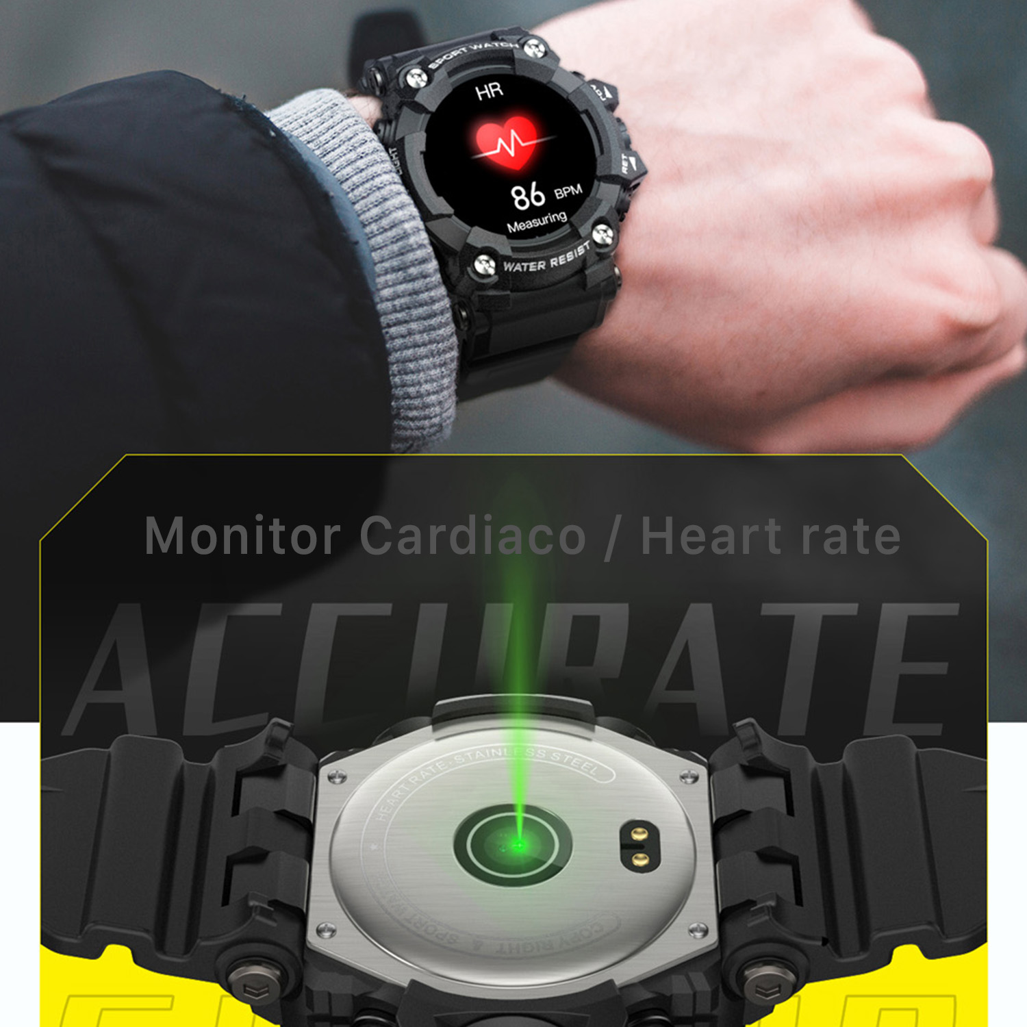 Smartwatch al polso che mostra la frequenza cardiaca. Ha un display digitale e un sensore verde.