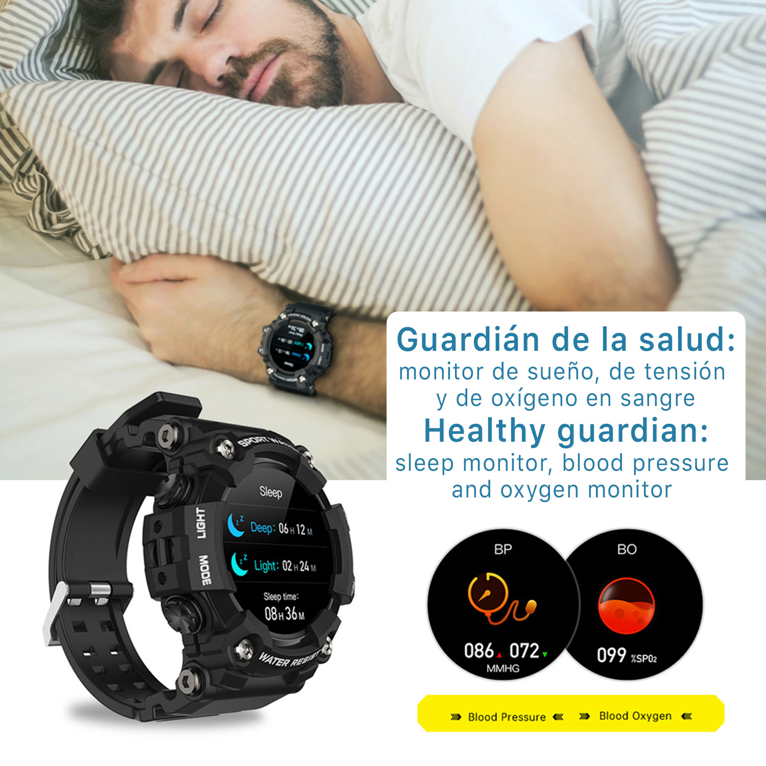 Uomo che dorme a letto con smartwatch. Smartwatch mostra pressione sanguigna, ossigeno nel sangue.