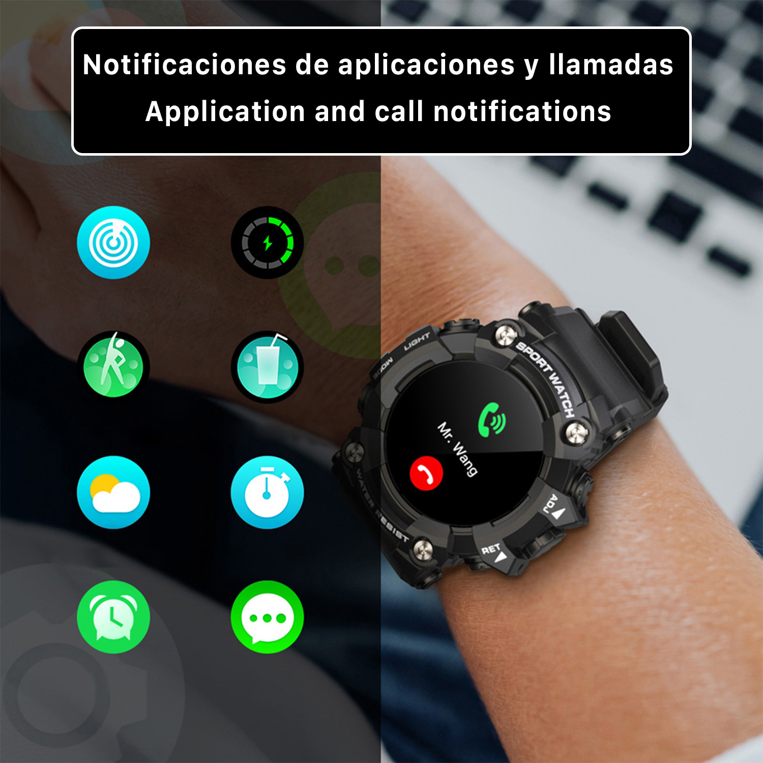 Smartwatch nero che mostra notifiche app e un'interfaccia di chiamata, su un polso.